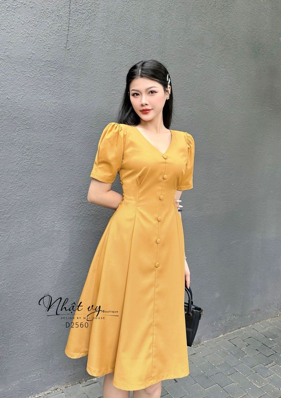 Đầm cổ V chiết eo dáng xoè tay kiểu - D2560