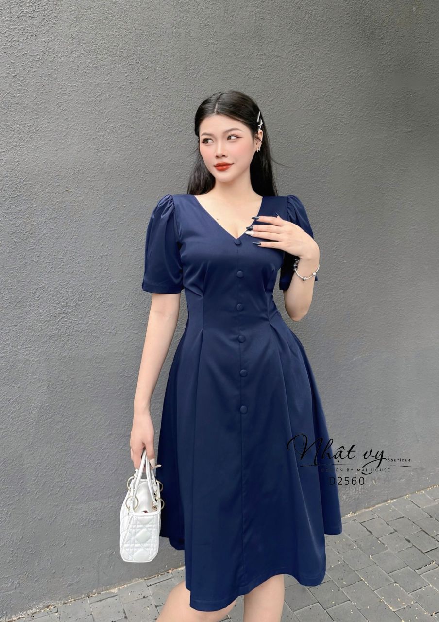 Đầm cổ V chiết eo dáng xoè tay kiểu - D2560