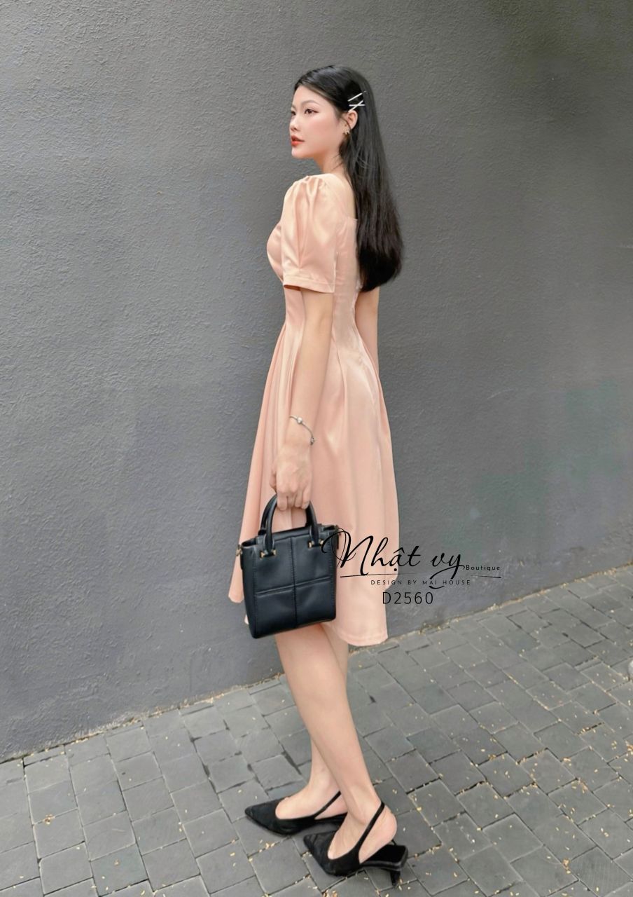 Đầm cổ V chiết eo dáng xoè tay kiểu - D2560