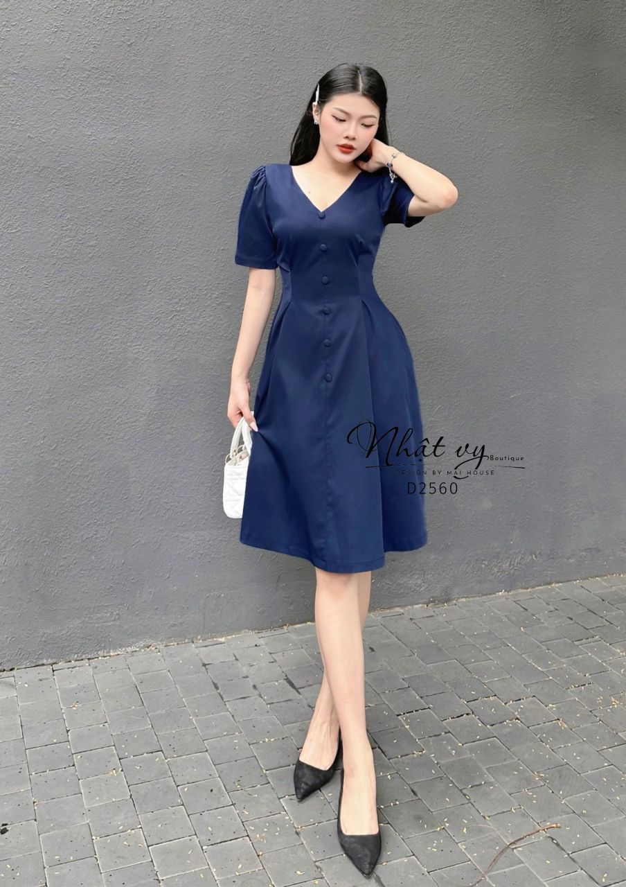 Đầm cổ V chiết eo dáng xoè tay kiểu - D2560