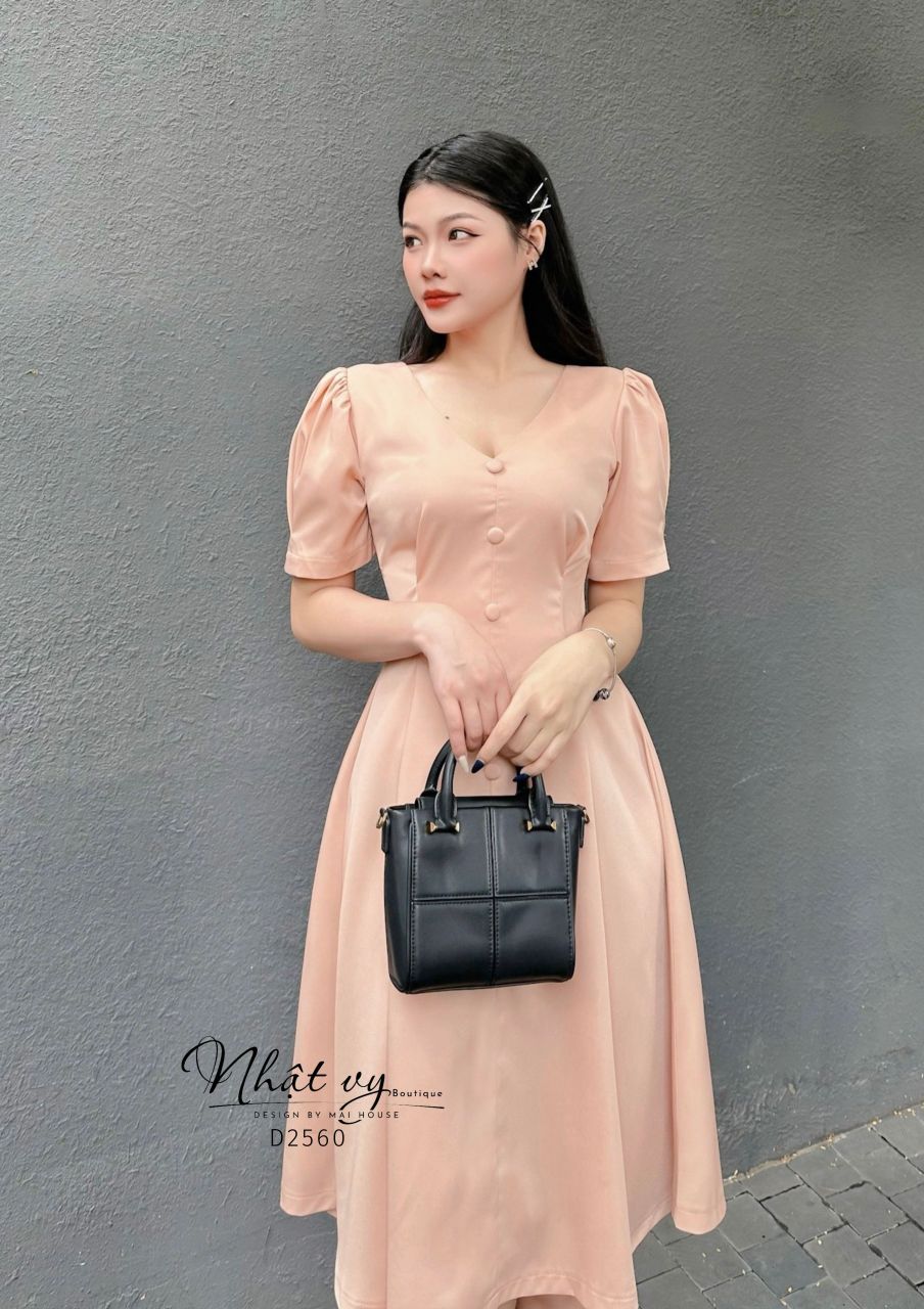 Đầm cổ V chiết eo dáng xoè tay kiểu - D2560