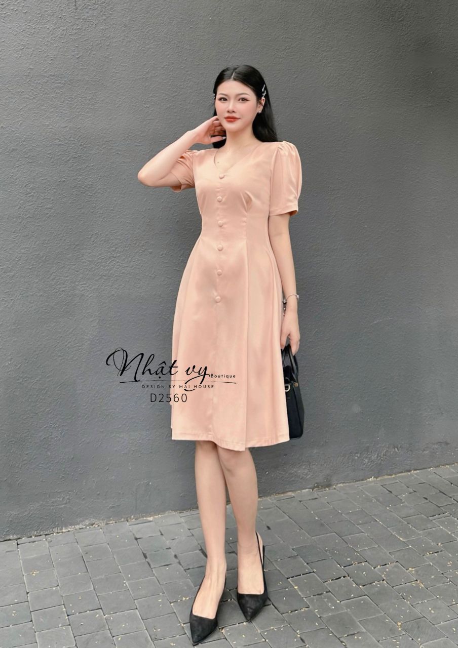 Đầm cổ V chiết eo dáng xoè tay kiểu - D2560