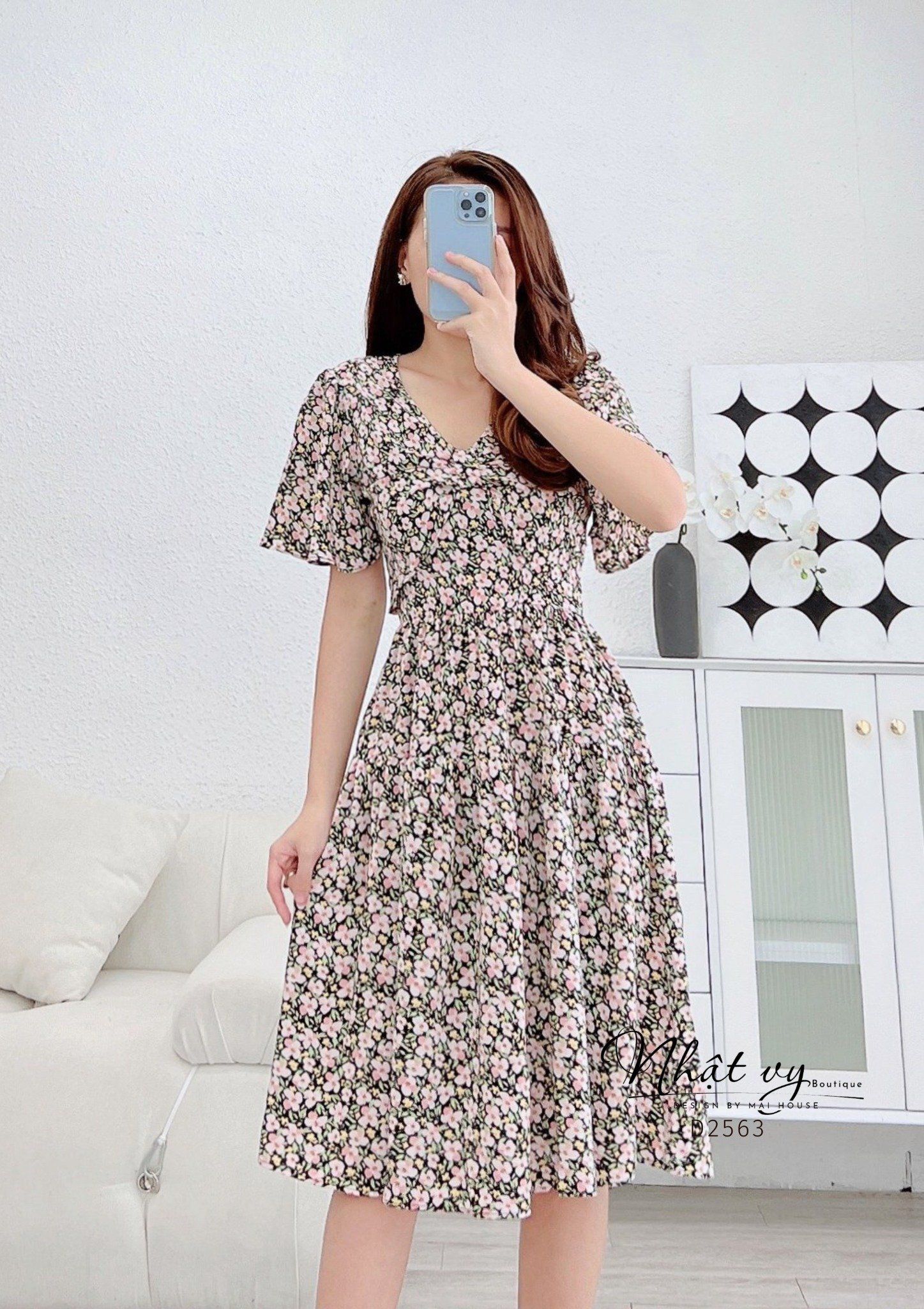 Đầm hoa cổ V nhún nơ ngực tay cánh tiên - D2563