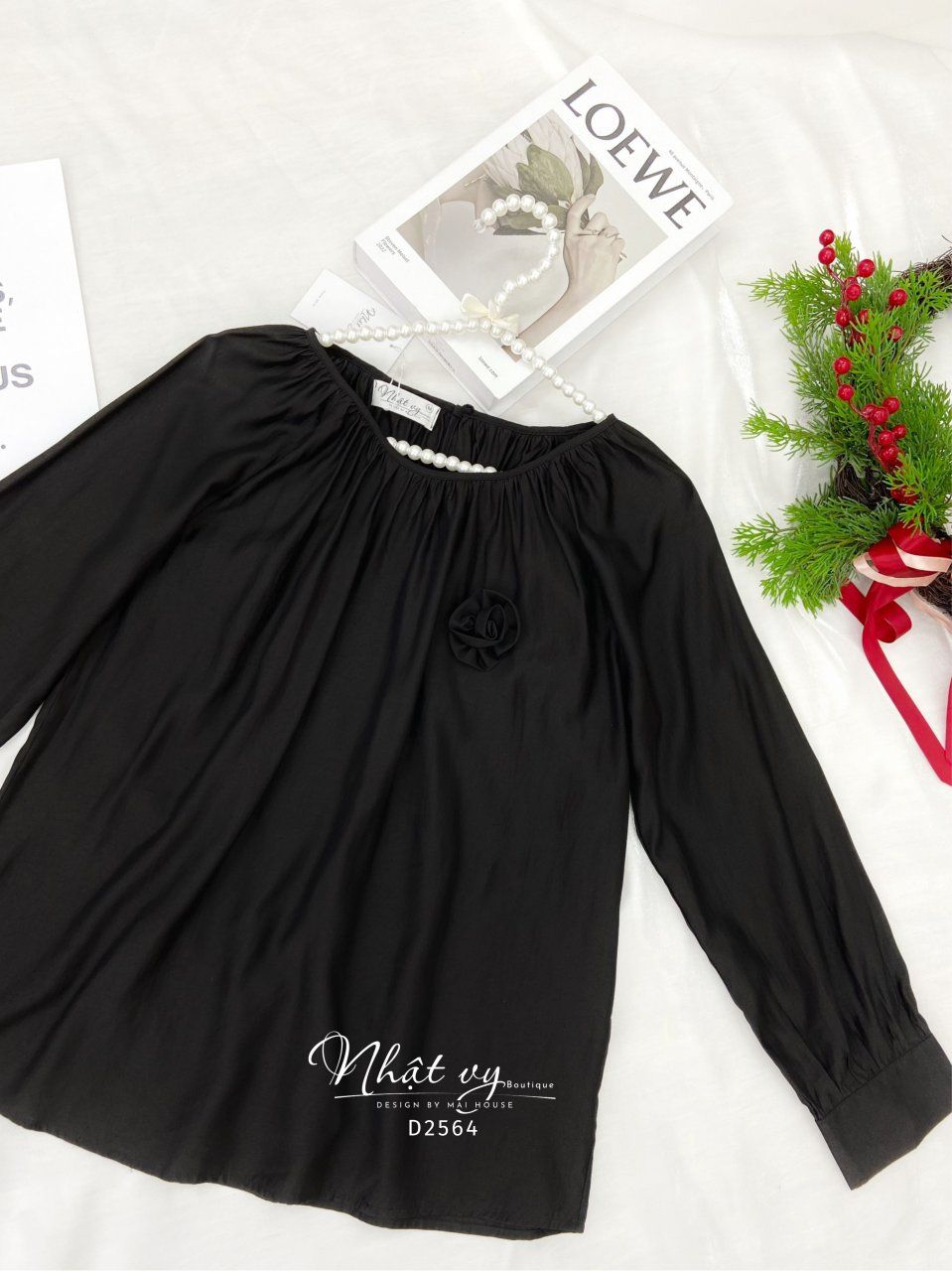 Áo cổ tròn nhún cổ dài tay kèm nơ- D2564