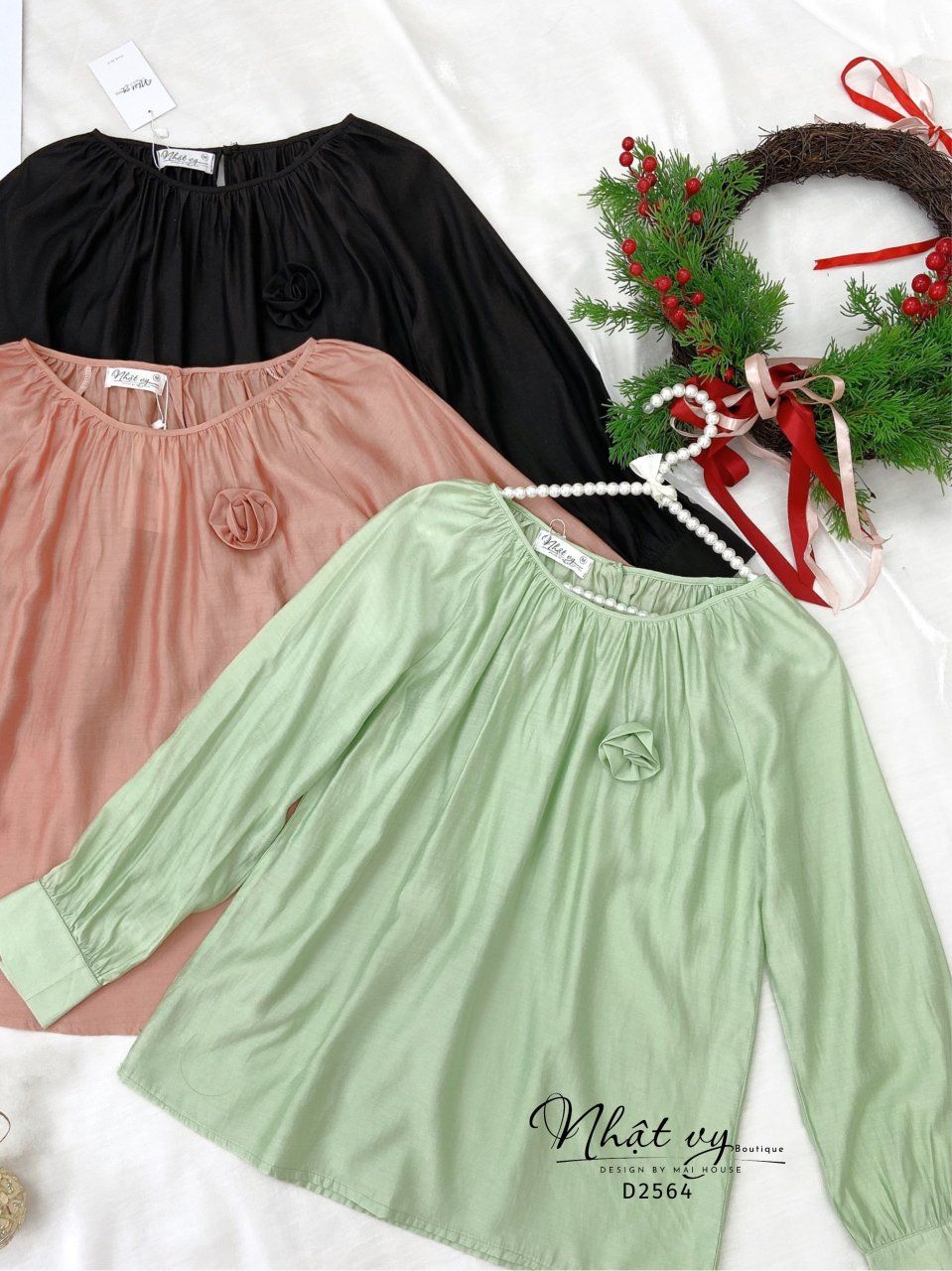 Áo cổ tròn nhún cổ dài tay kèm nơ- D2564