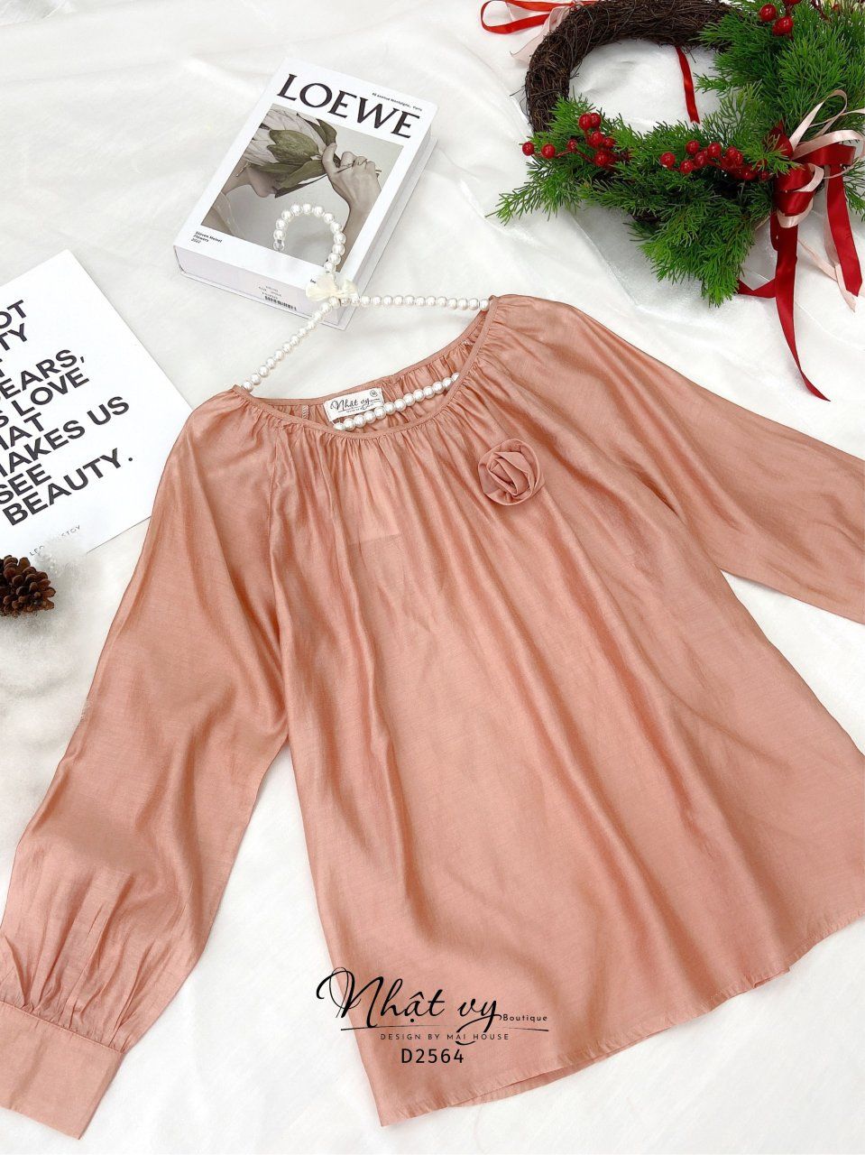 Áo cổ tròn nhún cổ dài tay kèm nơ- D2564