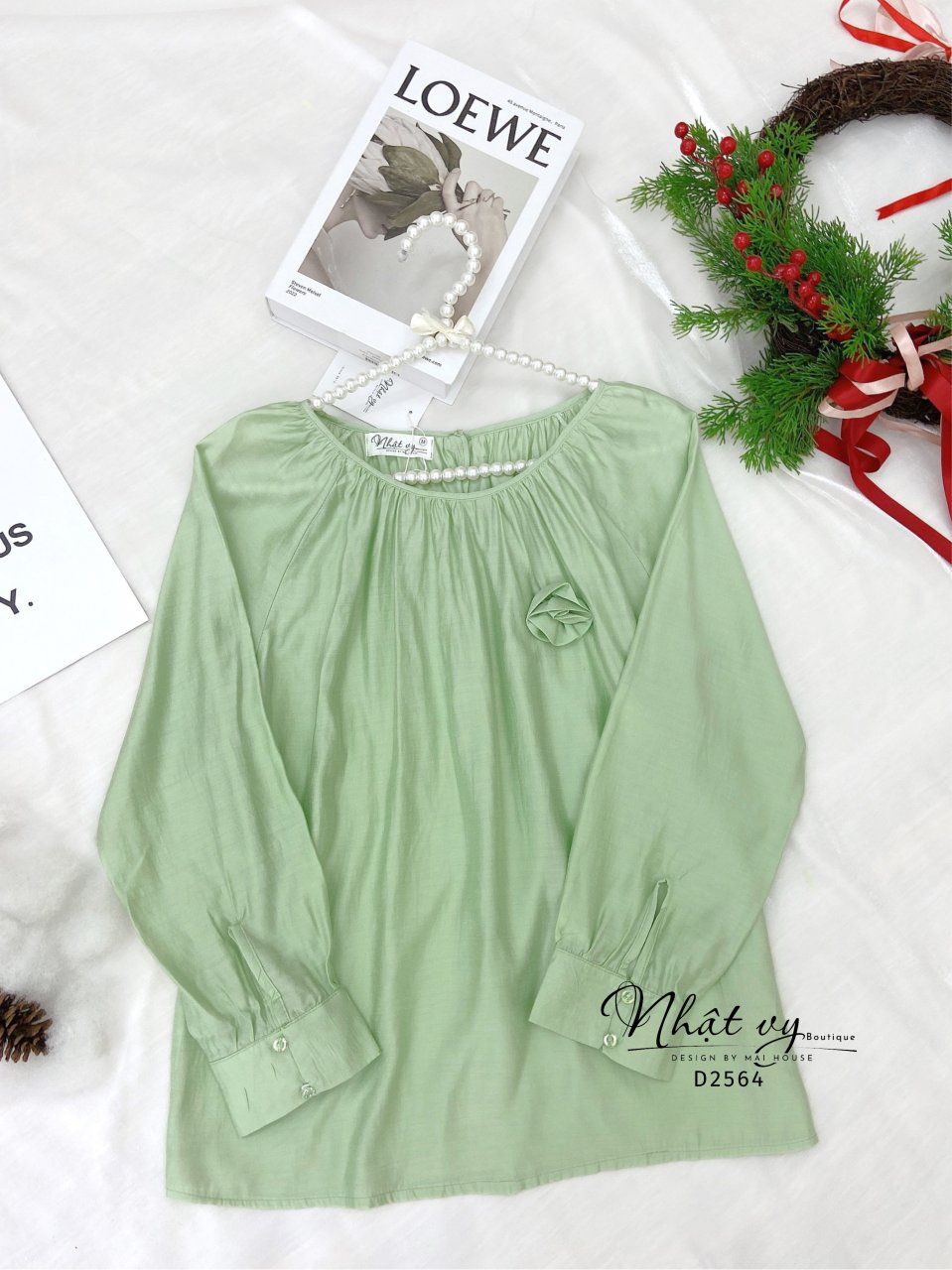 Áo cổ tròn nhún cổ dài tay kèm nơ- D2564