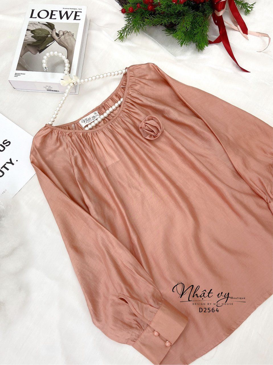 Áo cổ tròn nhún cổ dài tay kèm nơ- D2564