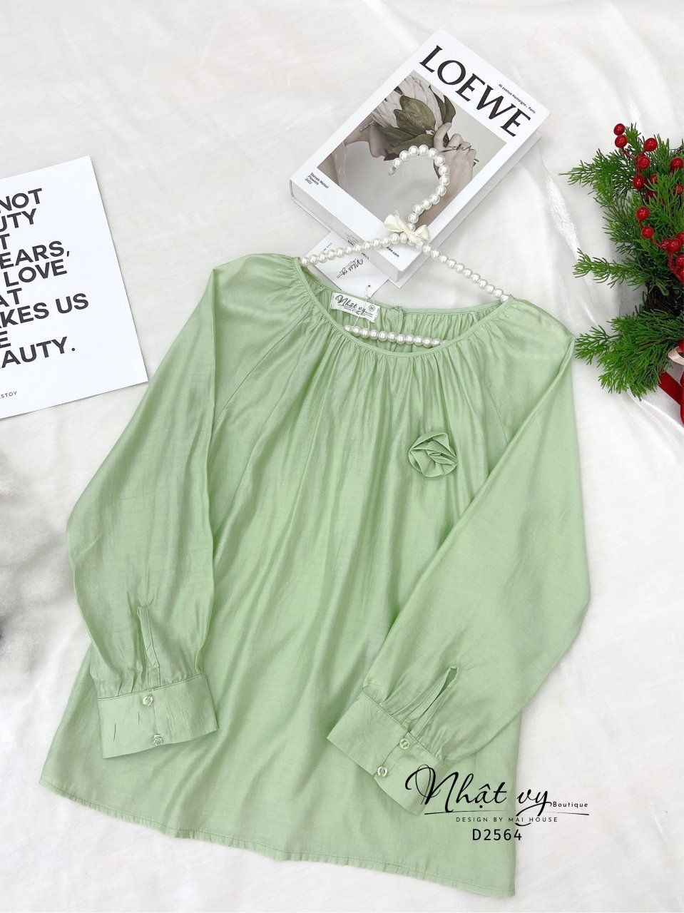 Áo cổ tròn nhún cổ dài tay kèm nơ- D2564