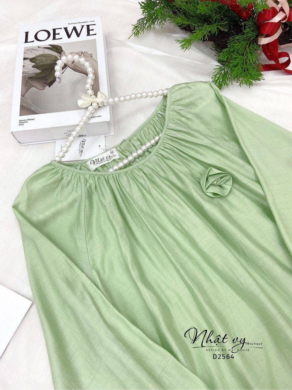 Áo cổ tròn nhún cổ dài tay kèm nơ- D2564