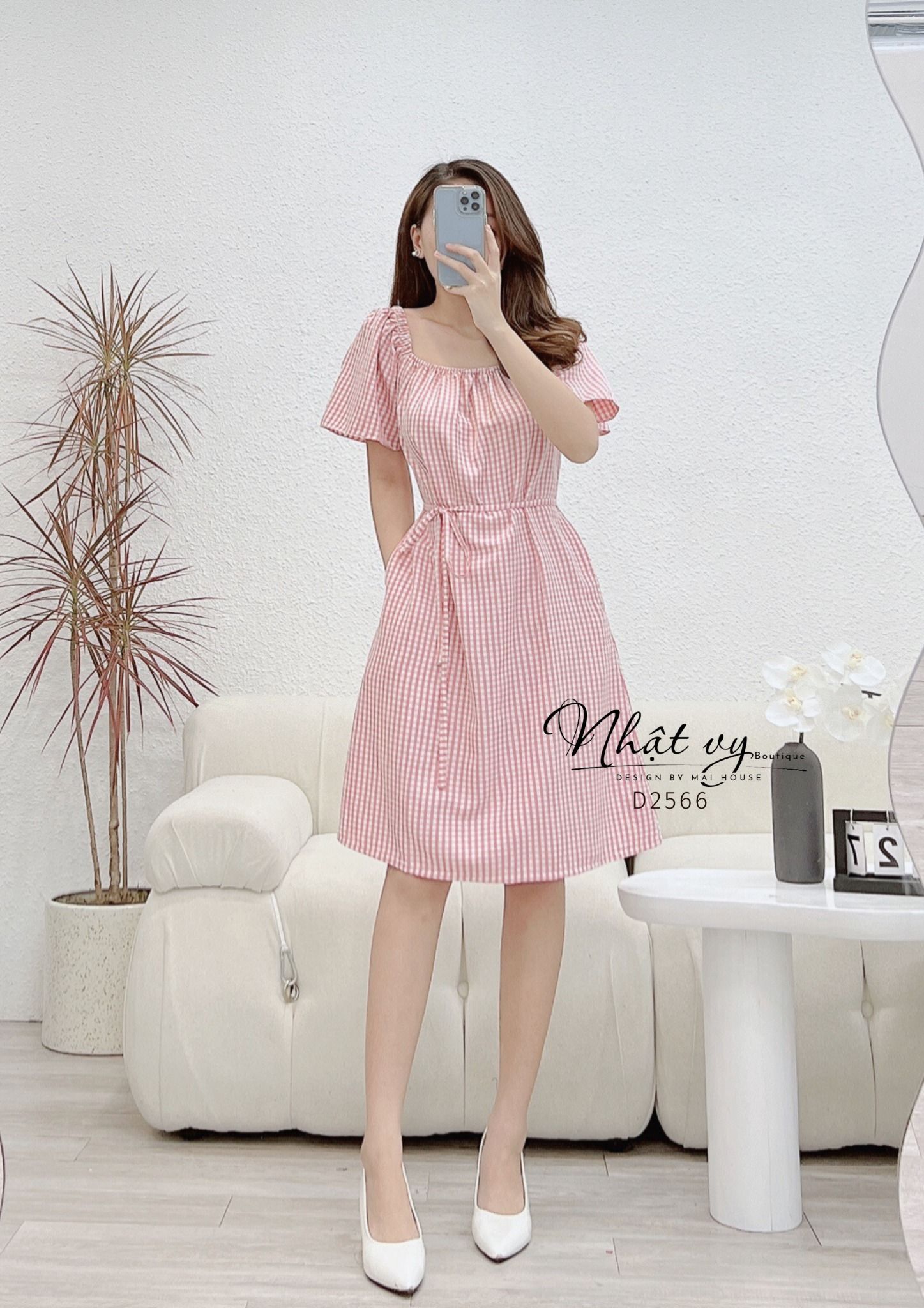 Đầm caro dáng suông cổ vuông viền bo thun - D2566