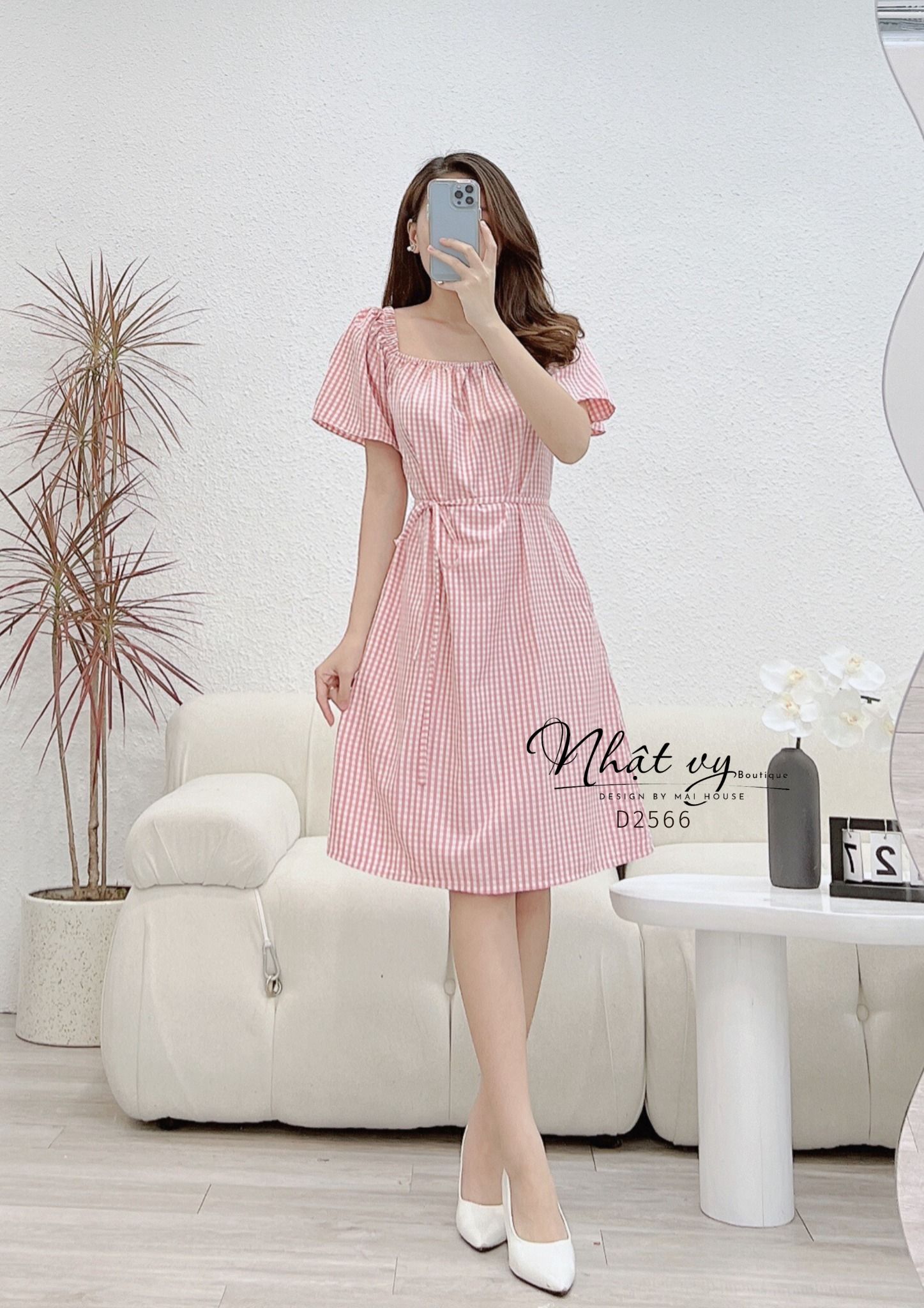 Đầm caro dáng suông cổ vuông viền bo thun - D2566