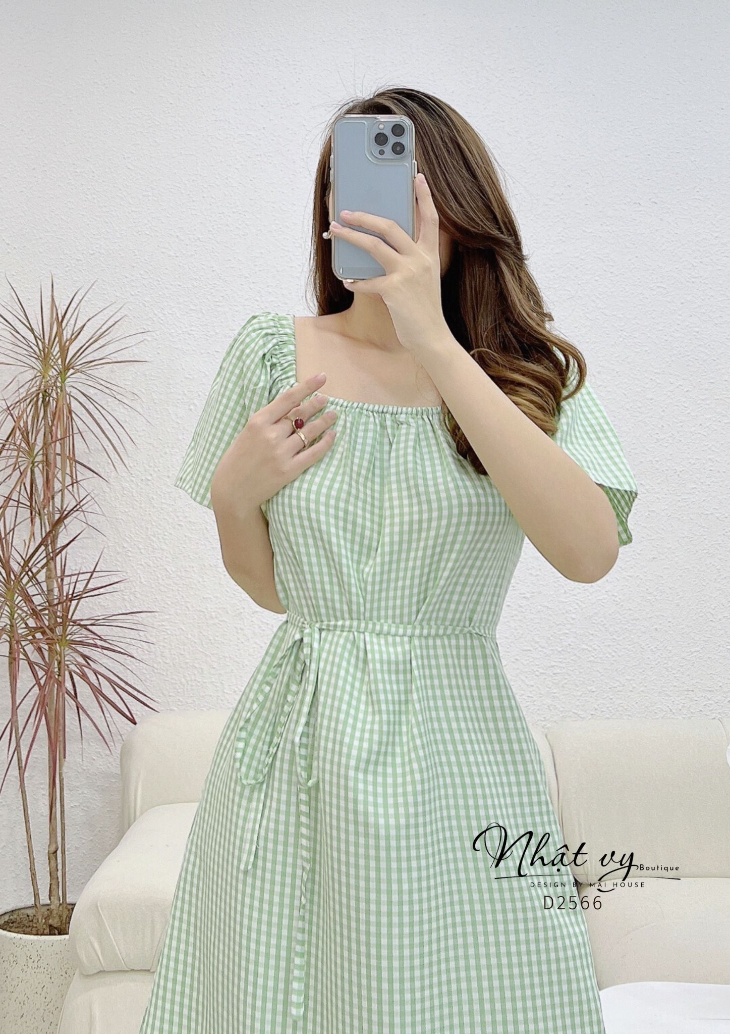 Đầm caro dáng suông cổ vuông viền bo thun - D2566