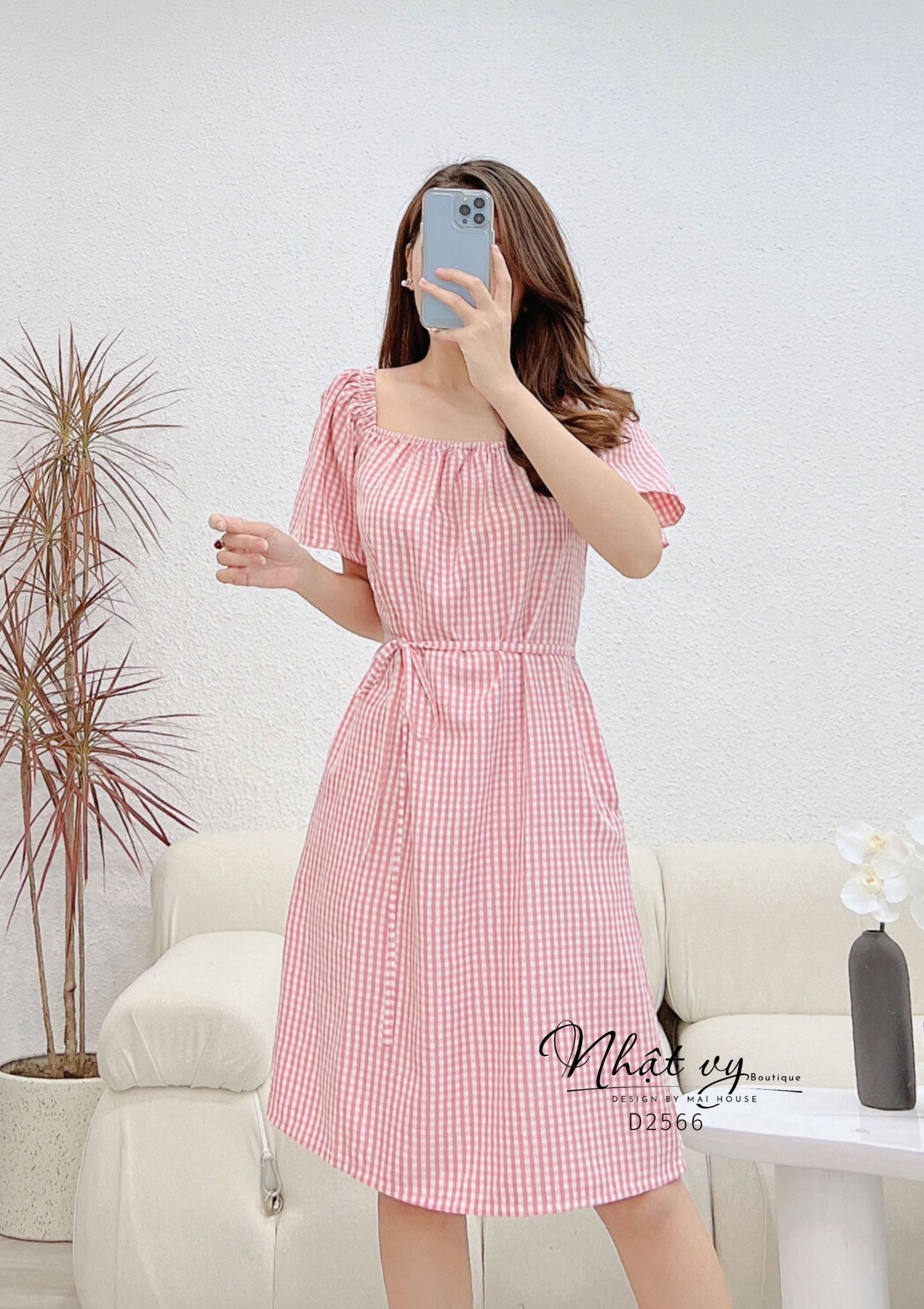 Đầm caro dáng suông cổ vuông viền bo thun - D2566