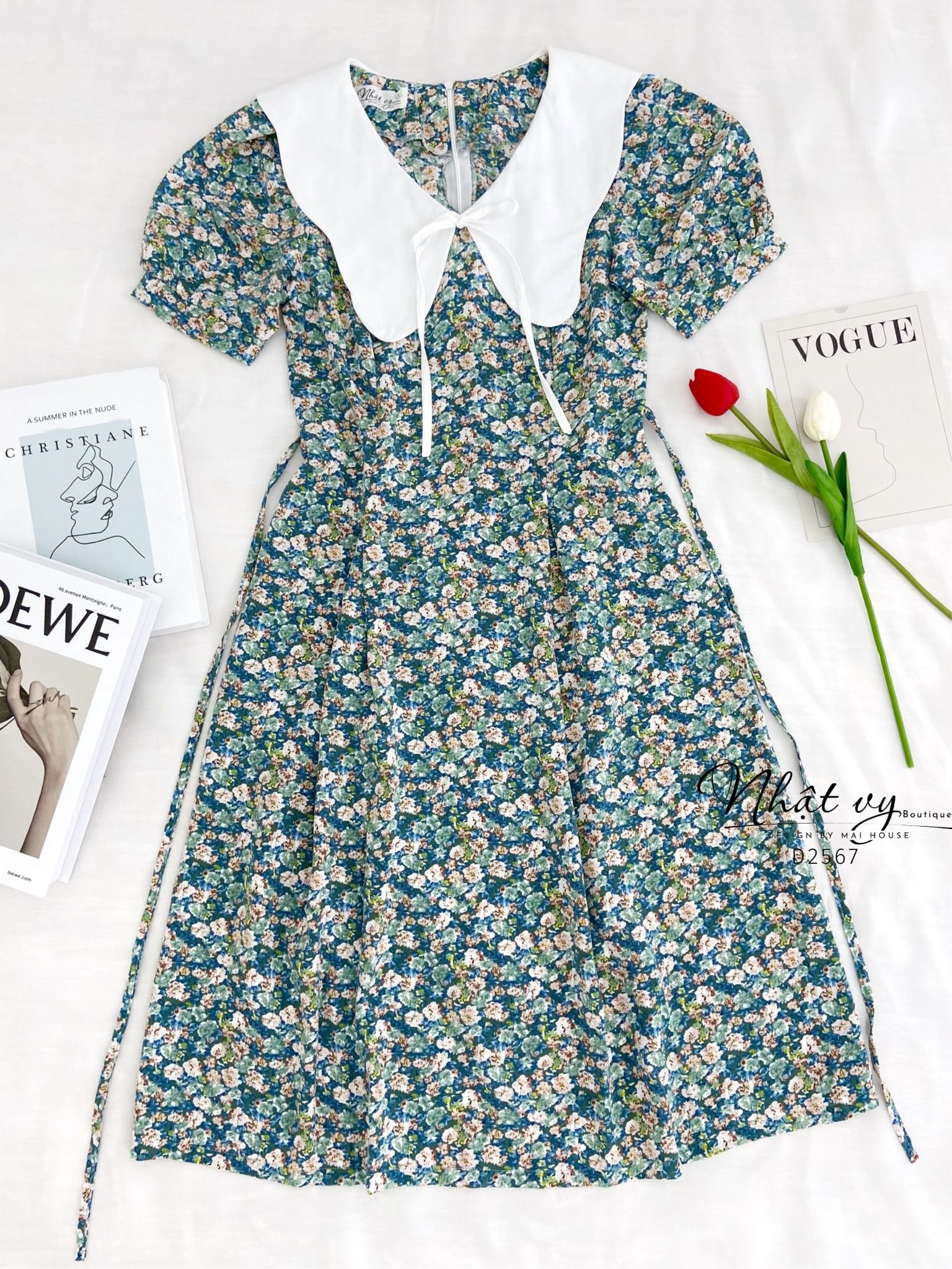 Đầm hoa chiết ly eo cổ phối bèo đính dây nơ - D2567