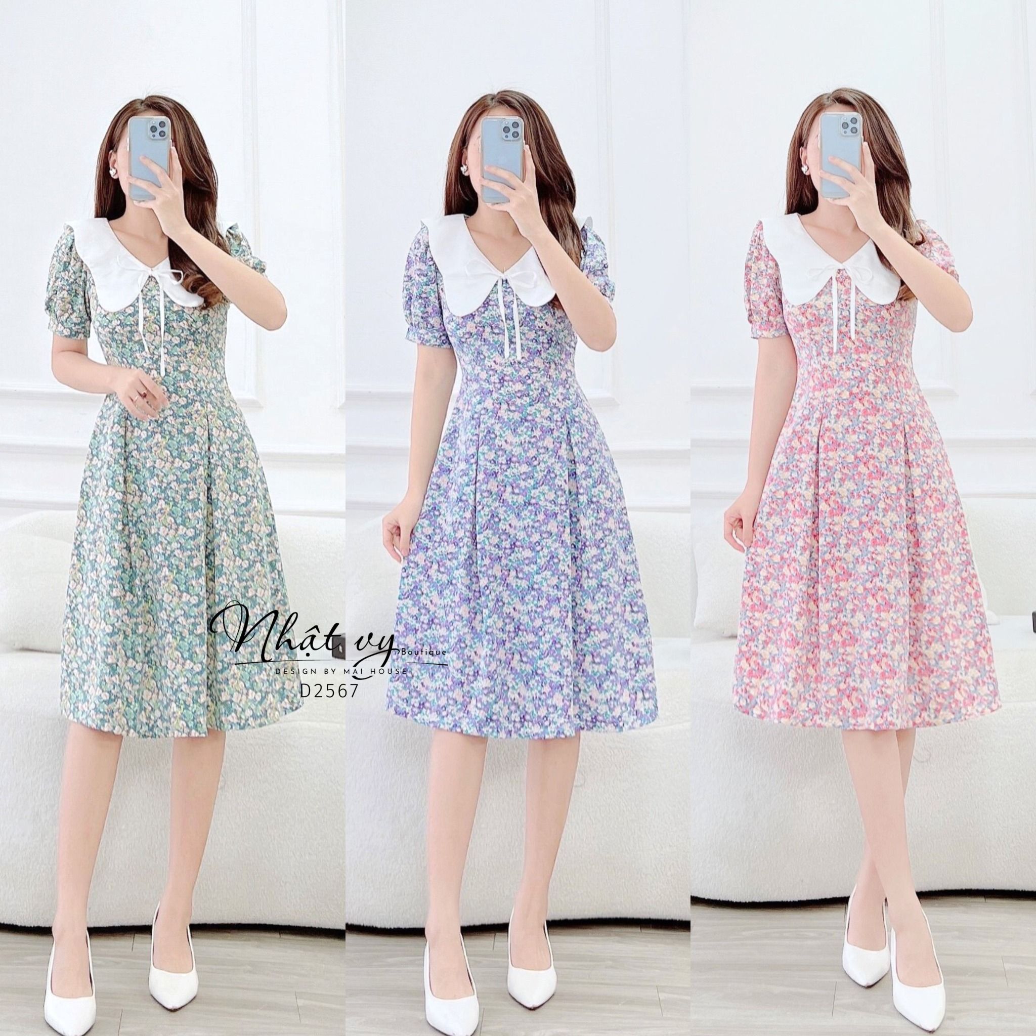Đầm hoa chiết ly eo cổ phối bèo đính dây nơ - D2567