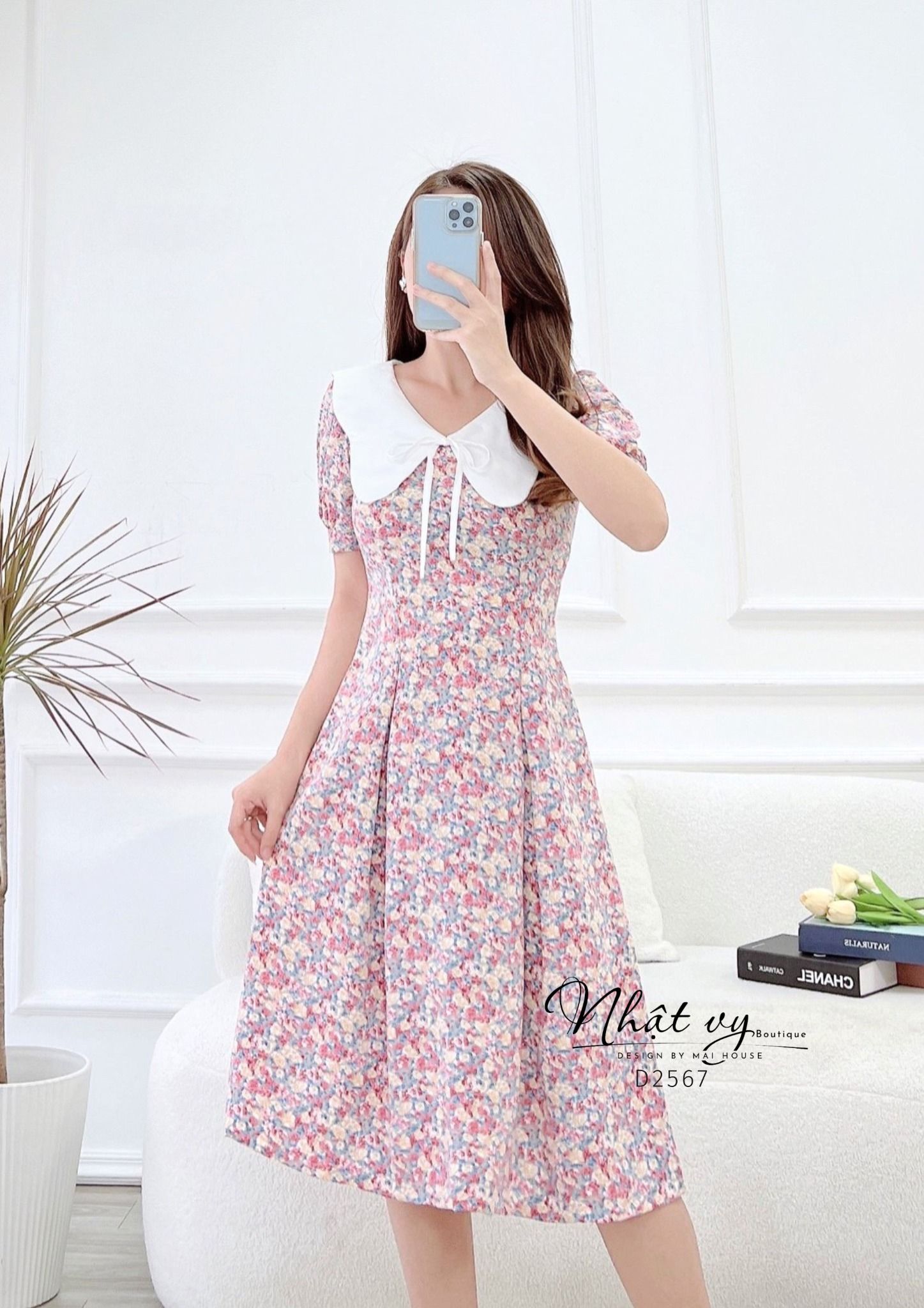 Đầm hoa chiết ly eo cổ phối bèo đính dây nơ - D2567
