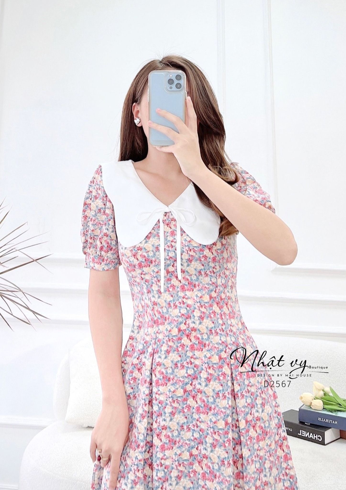 Đầm hoa chiết ly eo cổ phối bèo đính dây nơ - D2567