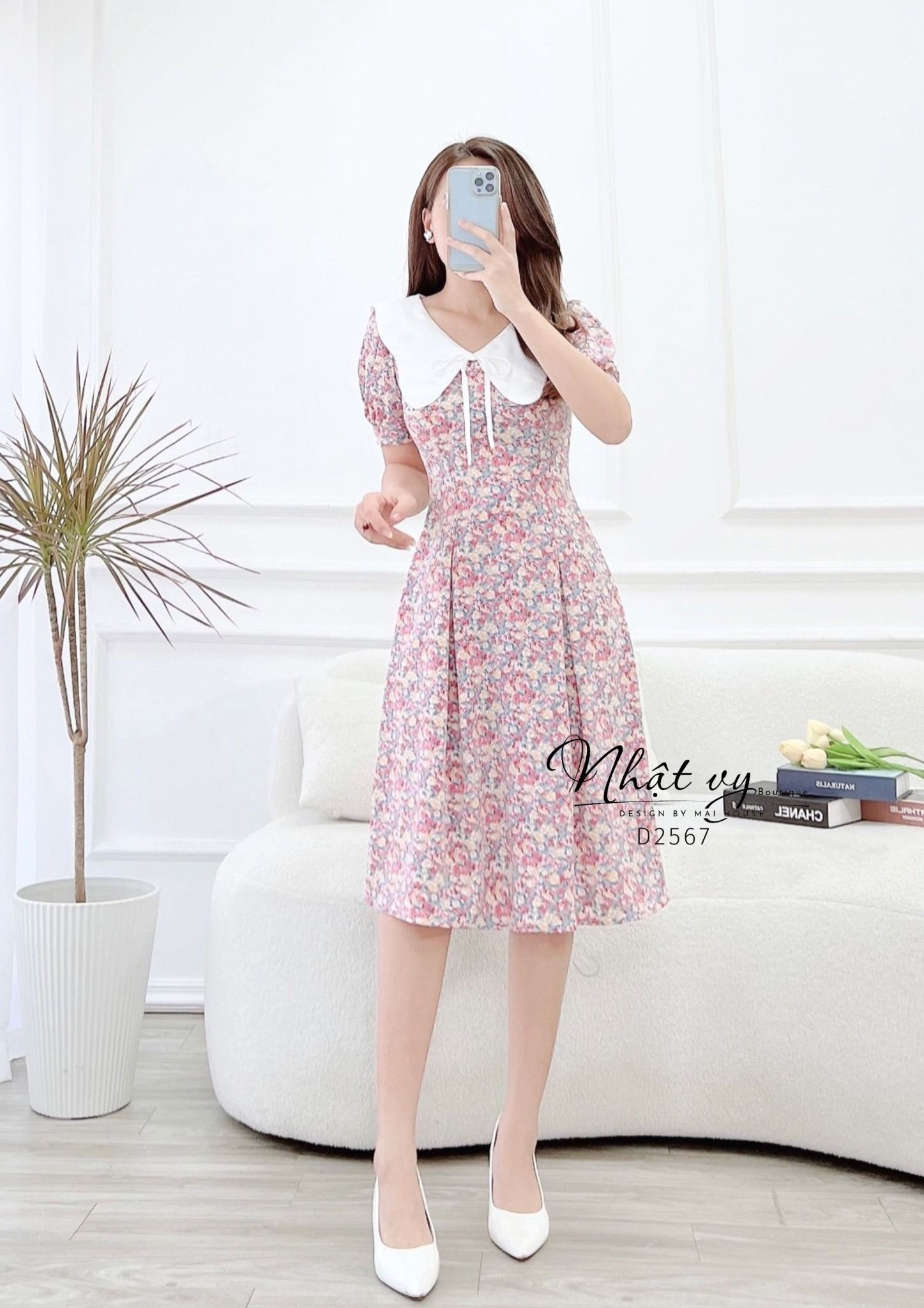 Đầm hoa chiết ly eo cổ phối bèo đính dây nơ - D2567