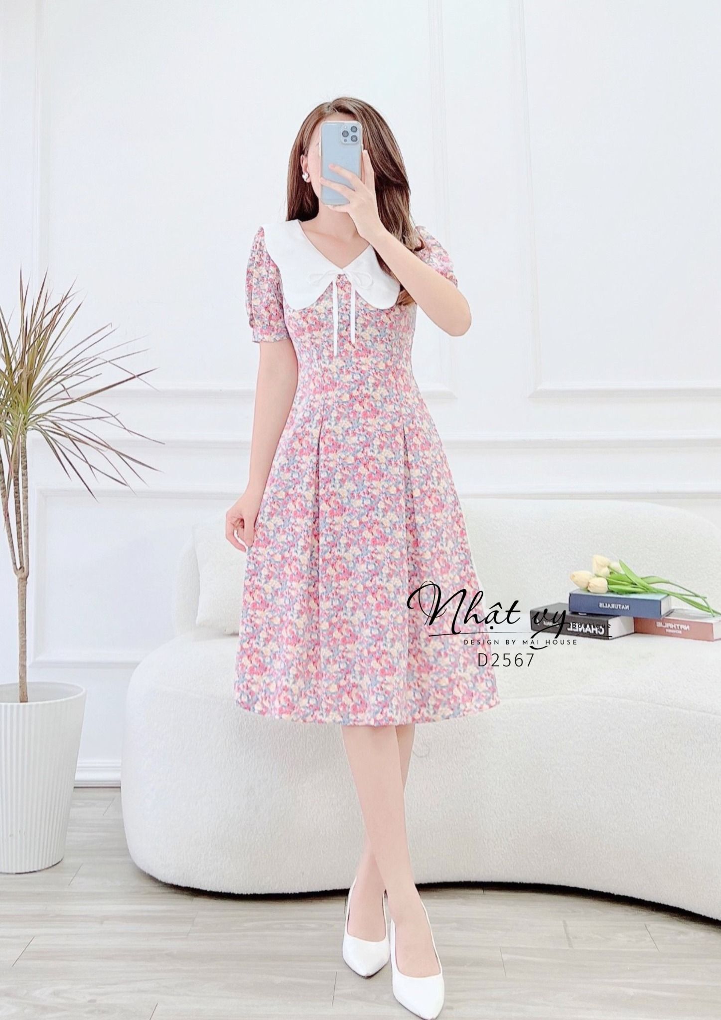 Đầm hoa chiết ly eo cổ phối bèo đính dây nơ - D2567