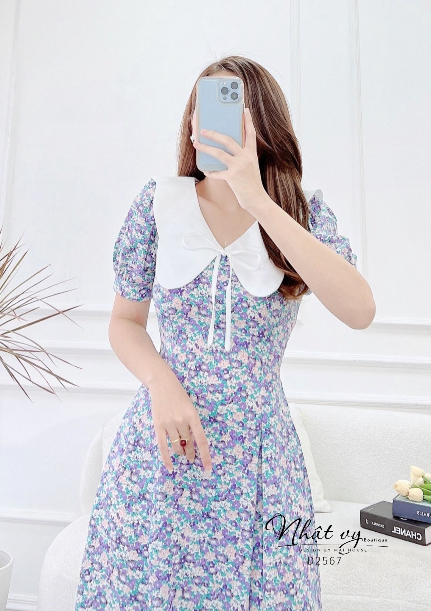 Đầm hoa chiết ly eo cổ phối bèo đính dây nơ - D2567