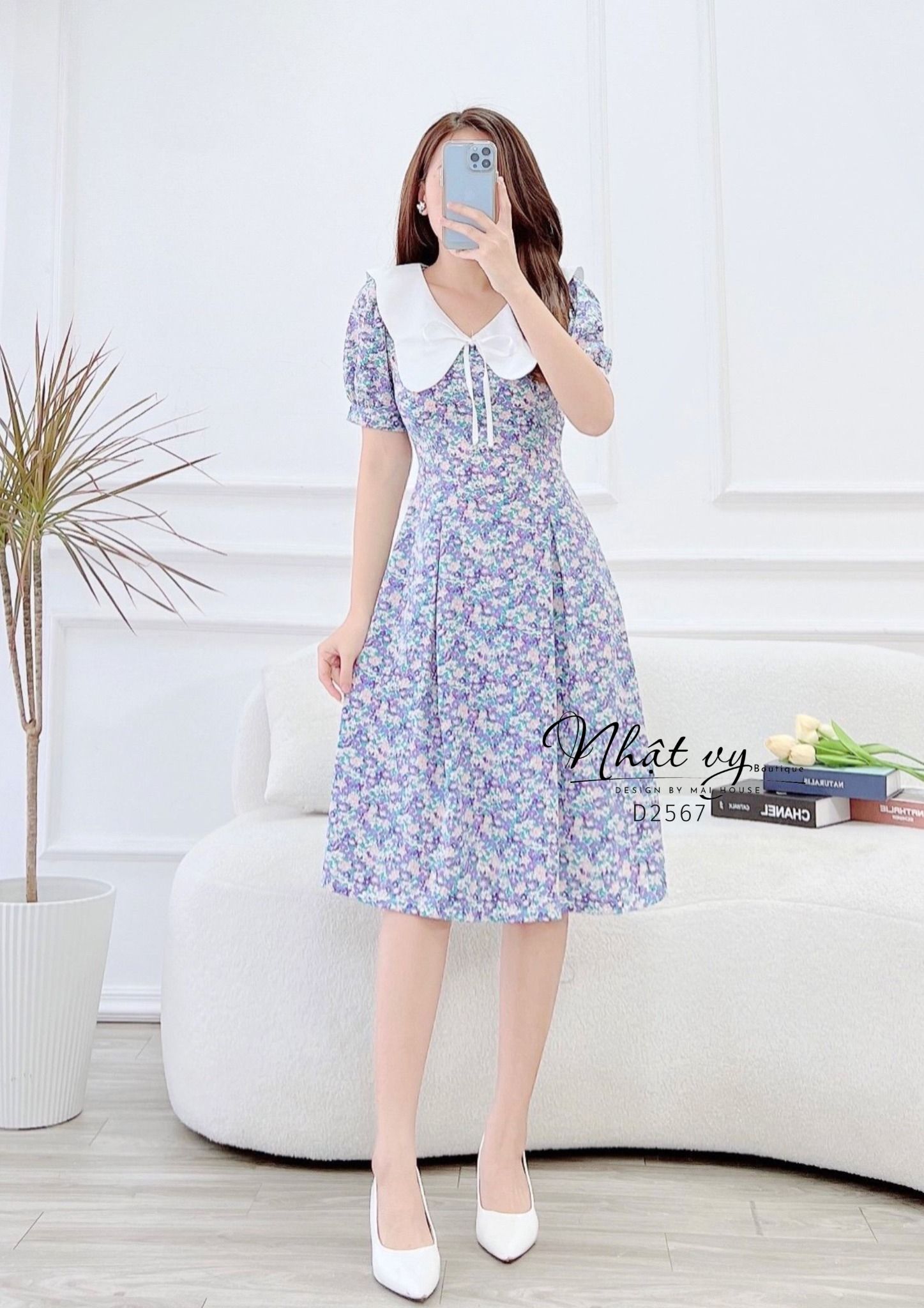 Đầm hoa chiết ly eo cổ phối bèo đính dây nơ - D2567