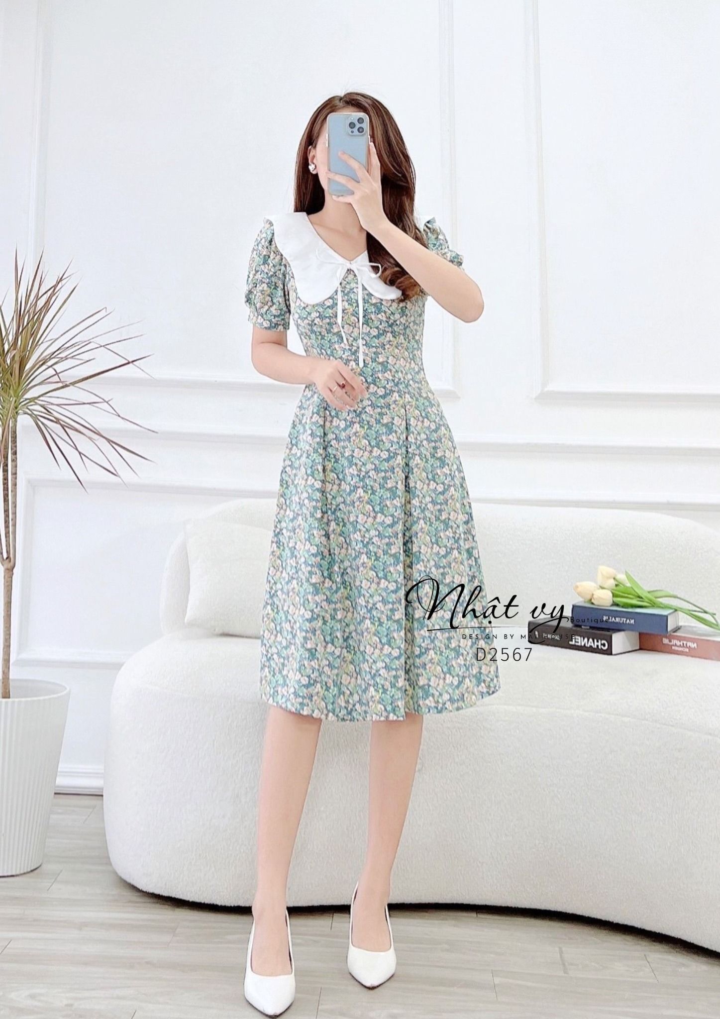 Đầm hoa chiết ly eo cổ phối bèo đính dây nơ - D2567