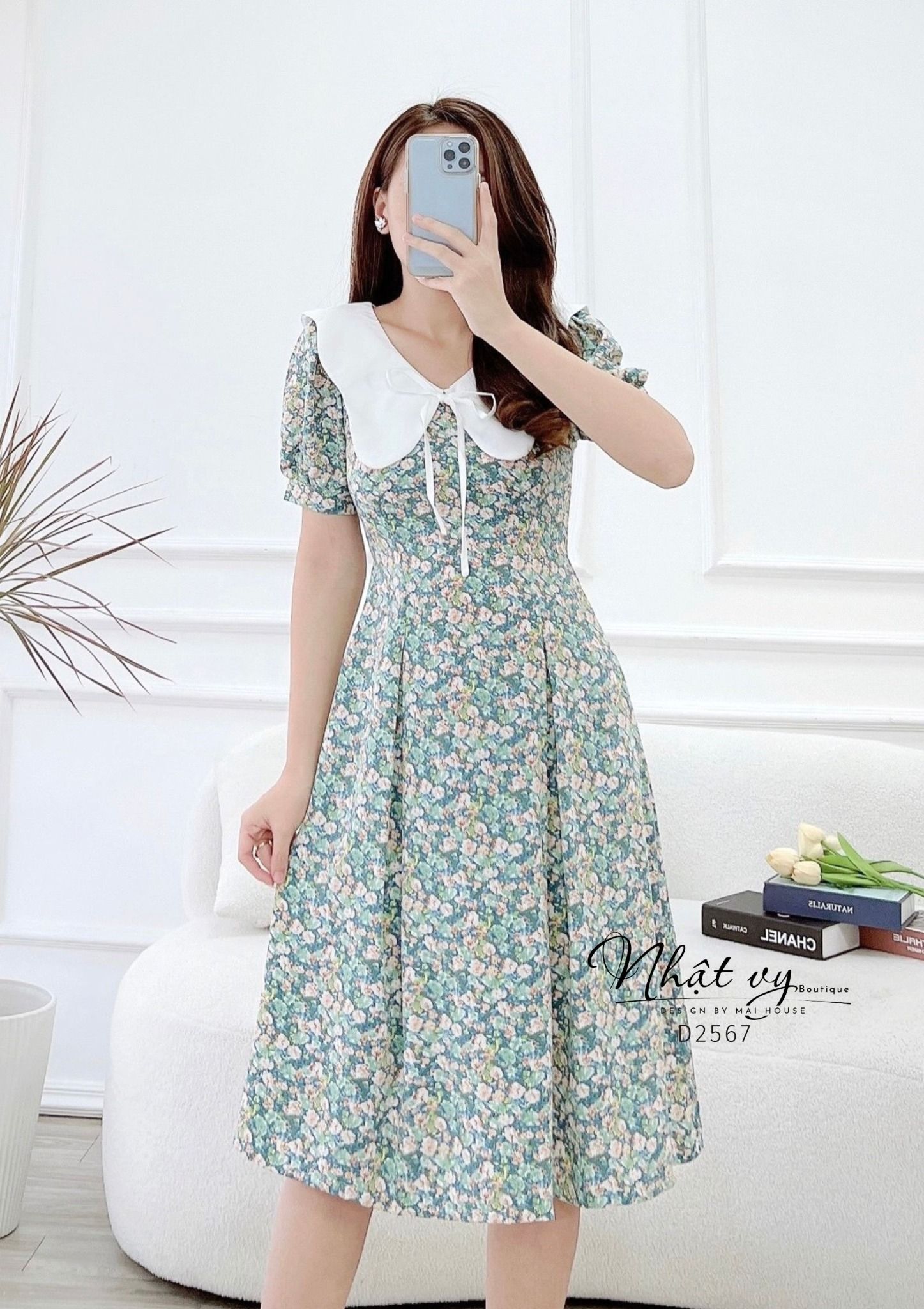 Đầm hoa chiết ly eo cổ phối bèo đính dây nơ - D2567