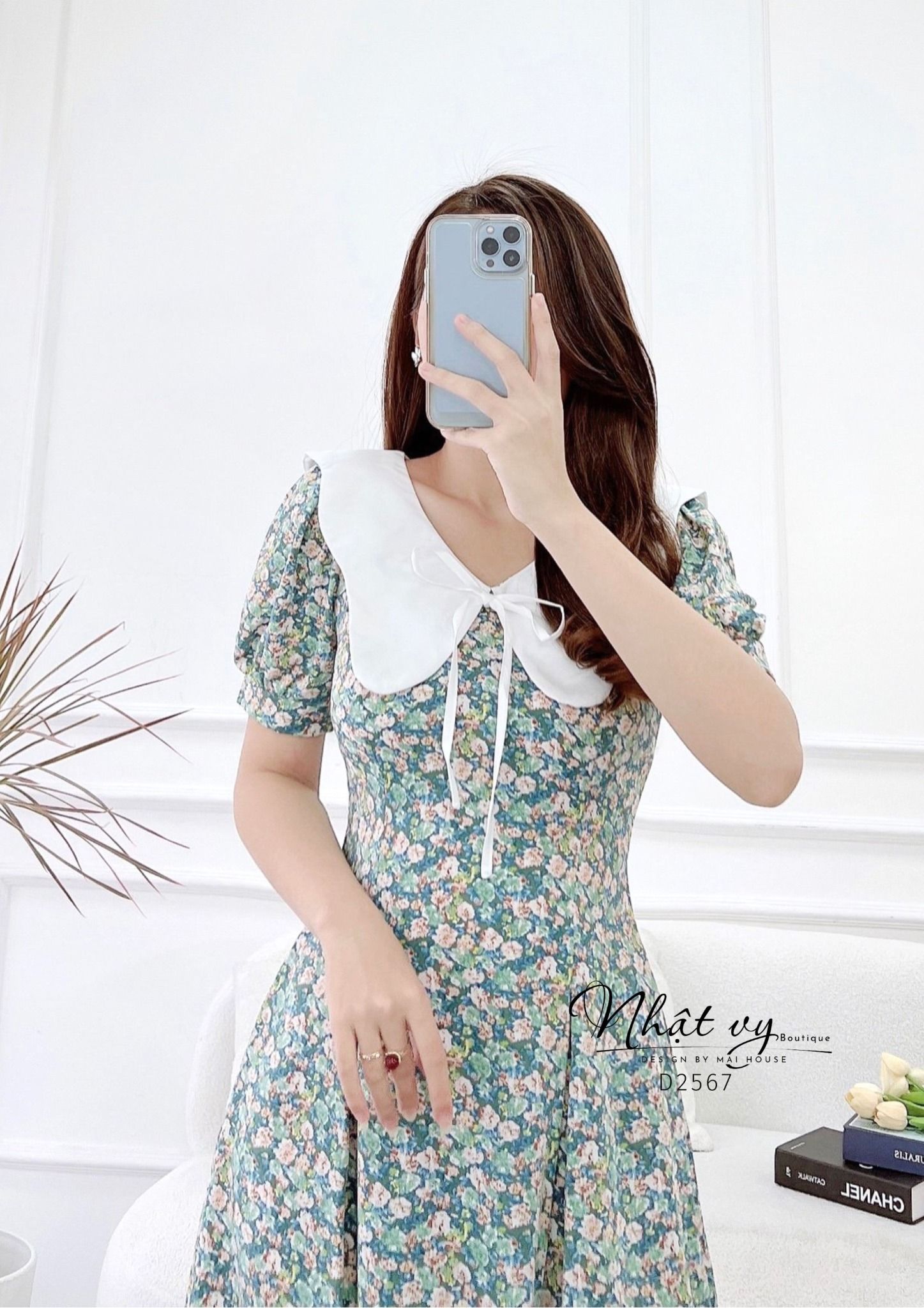 Đầm hoa chiết ly eo cổ phối bèo đính dây nơ - D2567