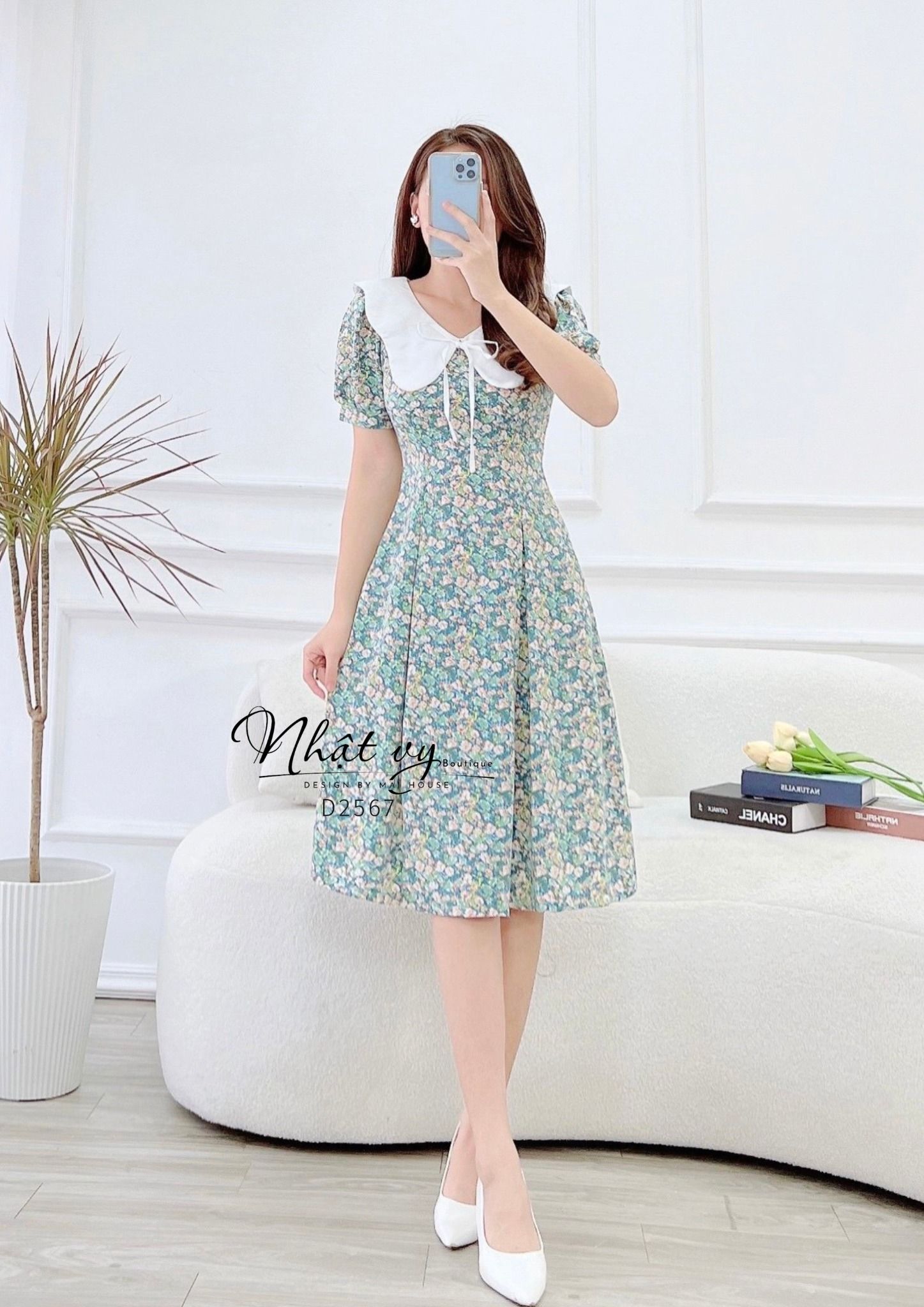 Đầm hoa chiết ly eo cổ phối bèo đính dây nơ - D2567