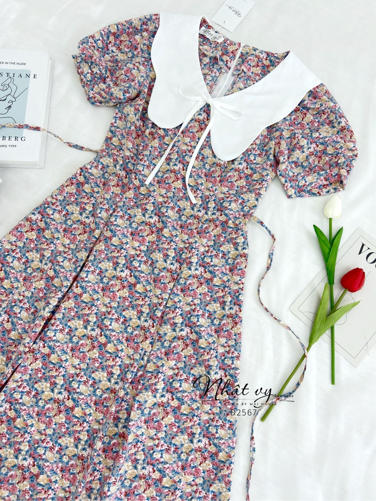 Đầm hoa chiết ly eo cổ phối bèo đính dây nơ - D2567