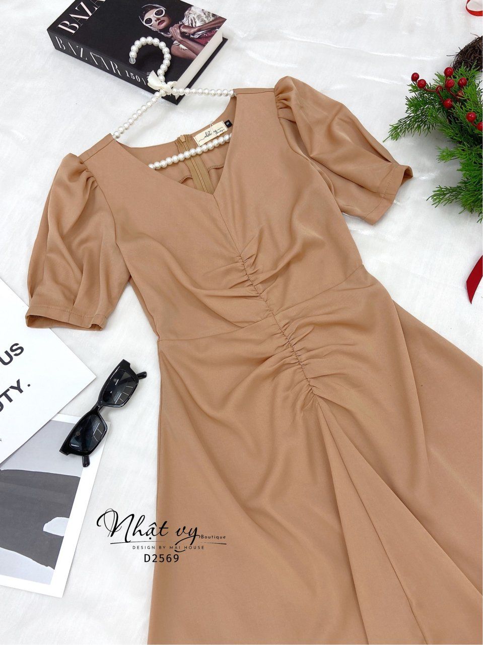 Đầm cổ V ngực nhún cách điệu - D2569