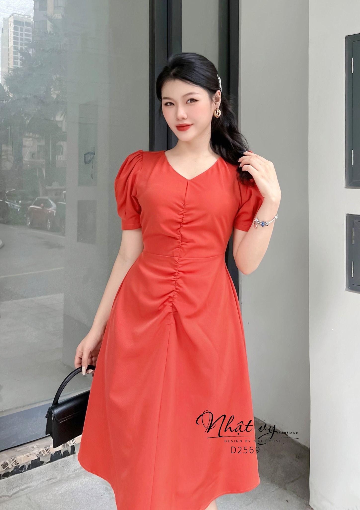 Đầm cổ V ngực nhún cách điệu - D2569