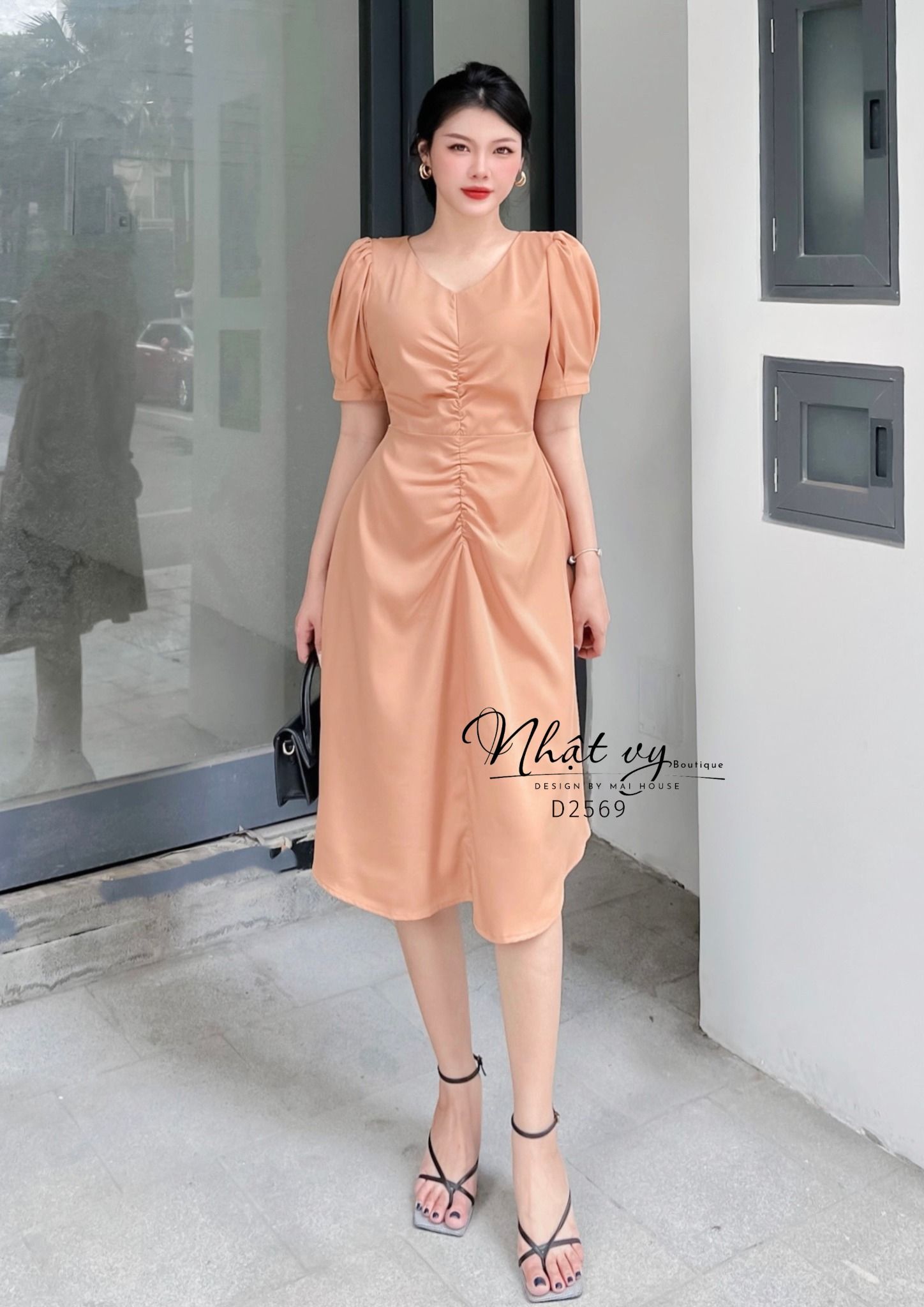 Đầm cổ V ngực nhún cách điệu - D2569
