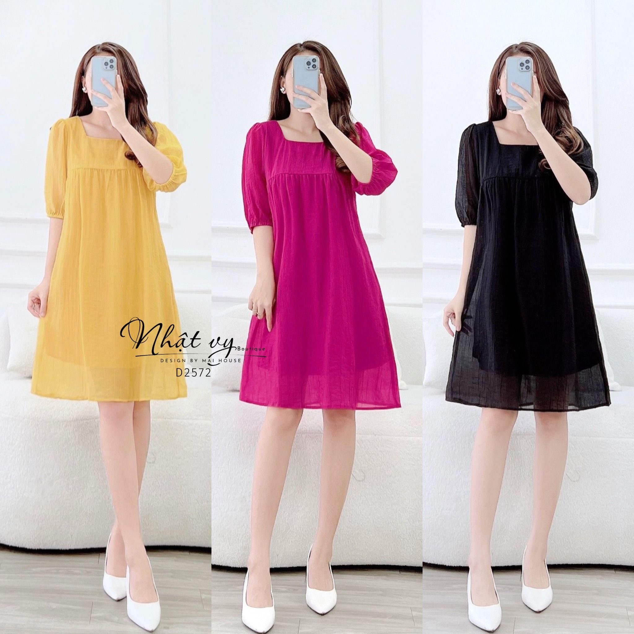 Đầm babydoll cổ vuông tay lửng bo thun - D2572