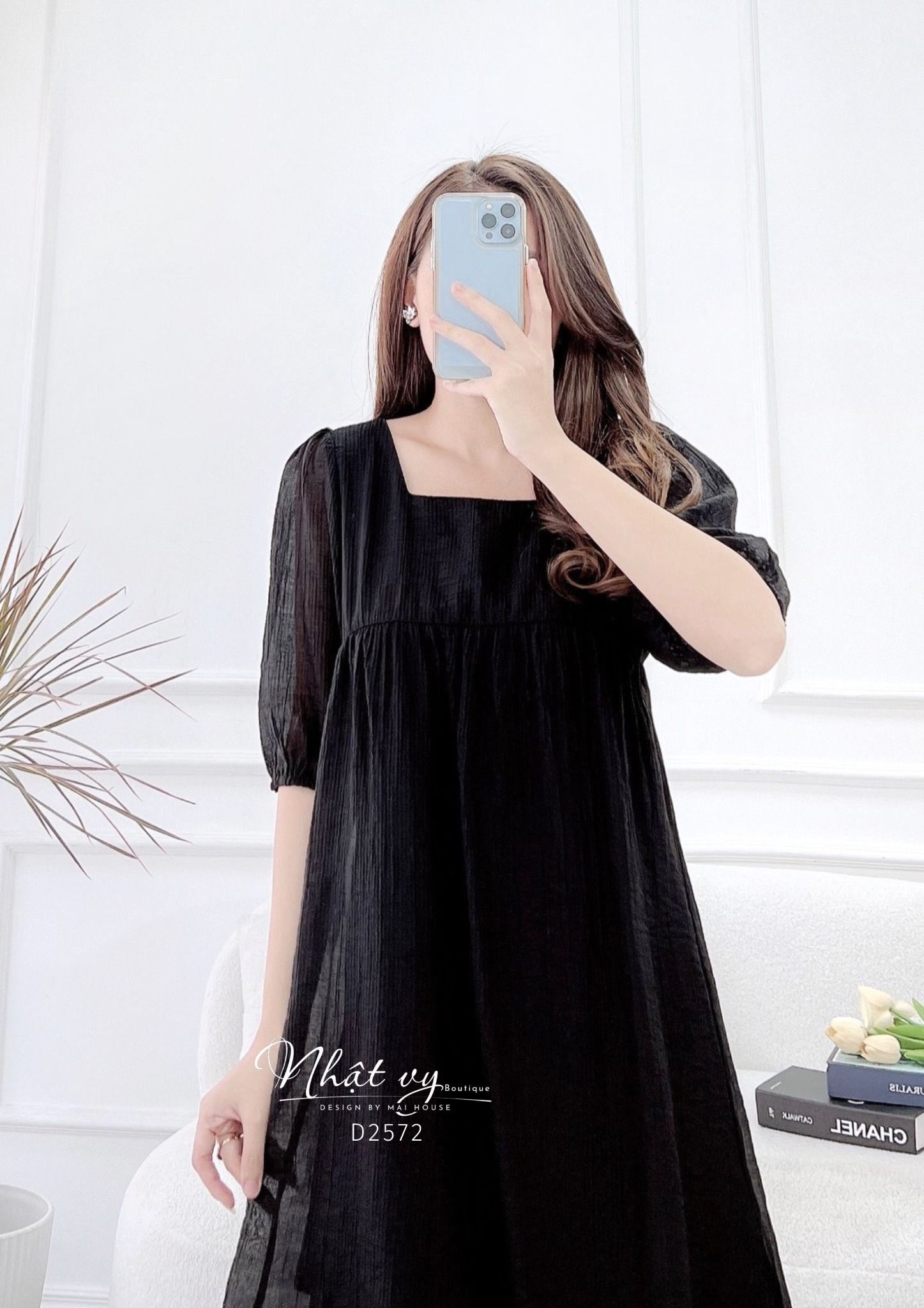 Đầm babydoll cổ vuông tay lửng bo thun - D2572