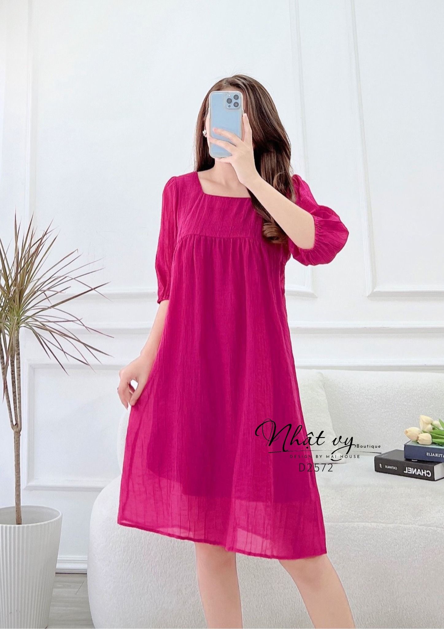 Đầm babydoll cổ vuông tay lửng bo thun - D2572