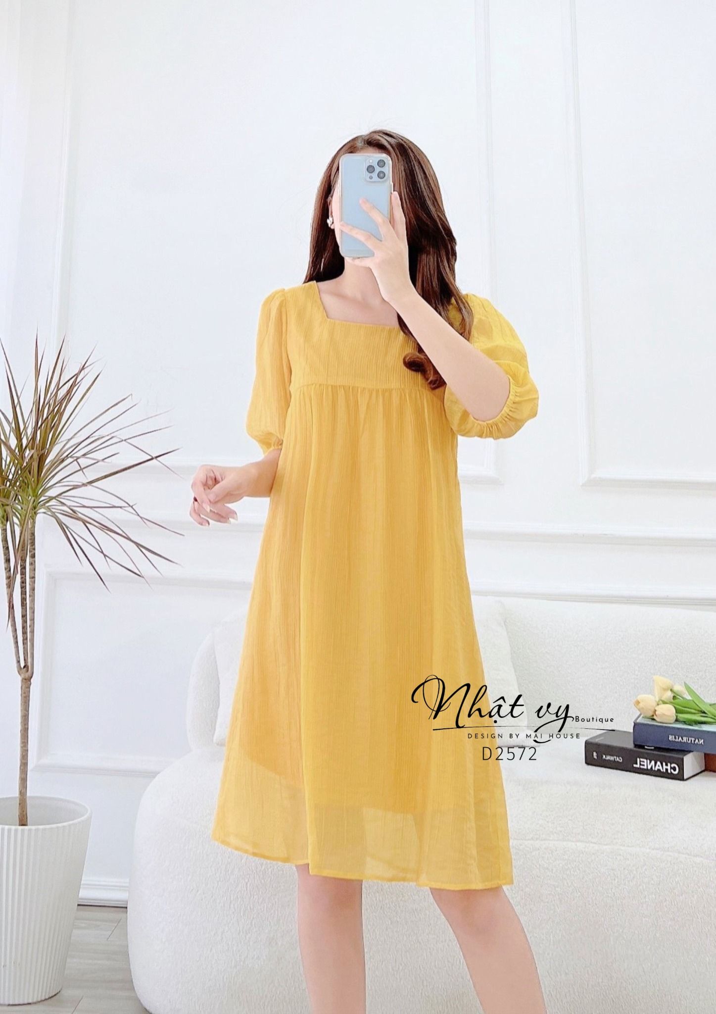 Đầm babydoll cổ vuông tay lửng bo thun - D2572