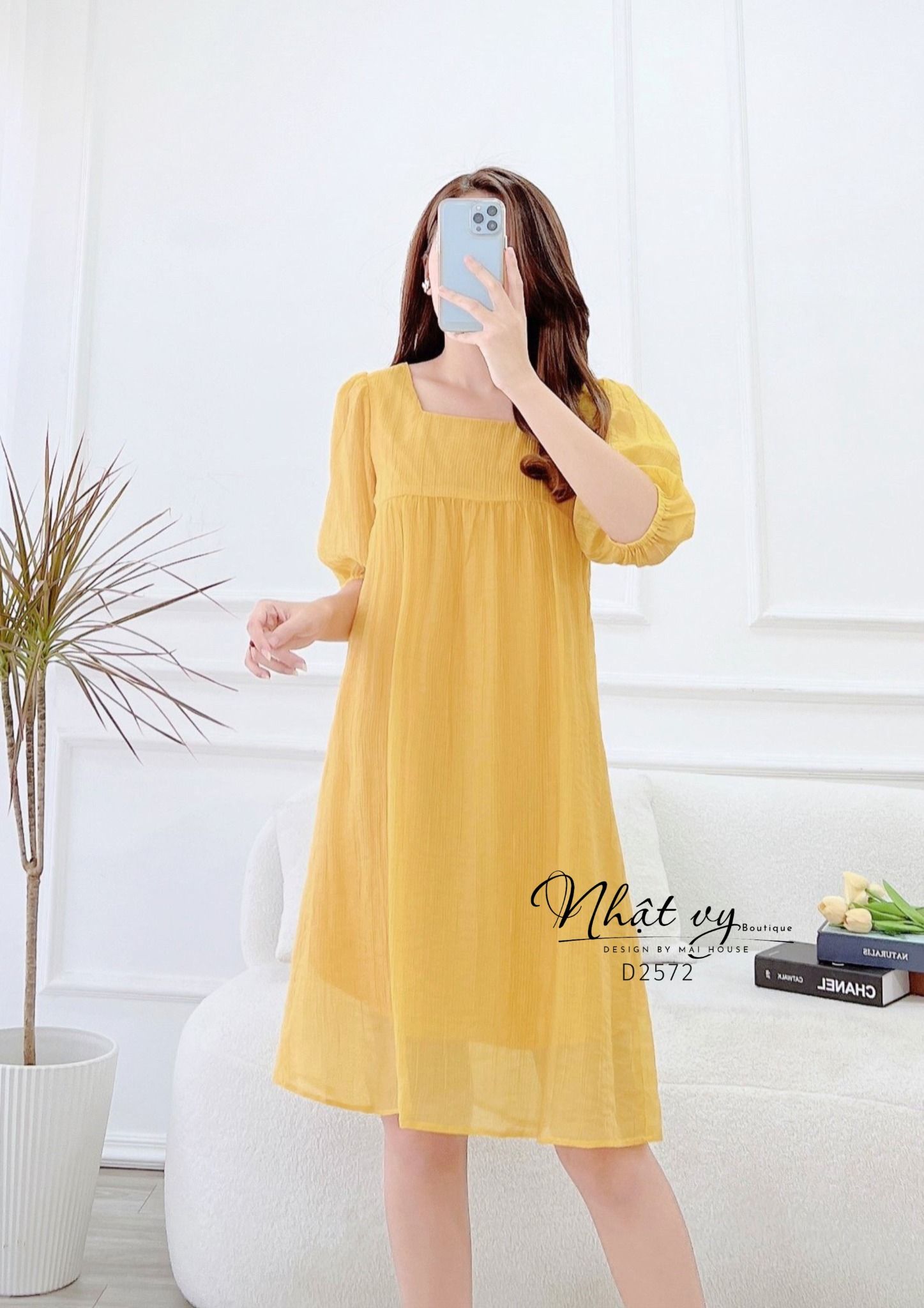  Đầm babydoll cổ vuông tay lửng bo thun - D2572 