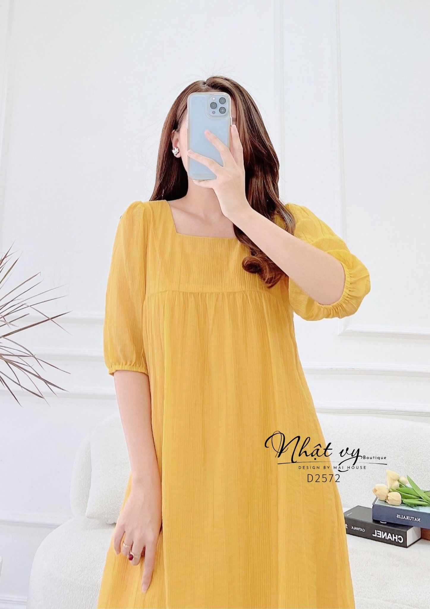  Đầm babydoll cổ vuông tay lửng bo thun - D2572 