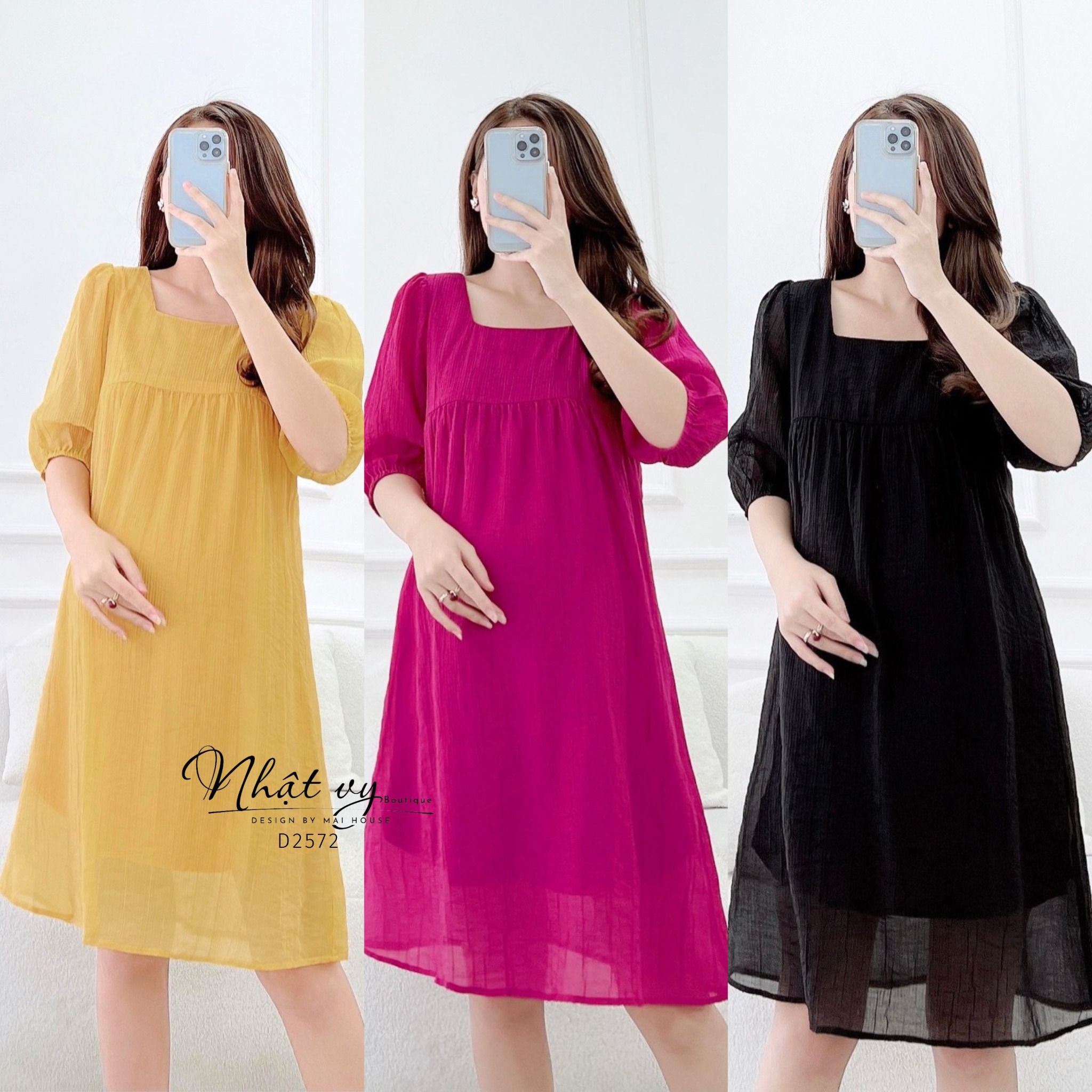 Đầm babydoll cổ vuông tay lửng bo thun - D2572