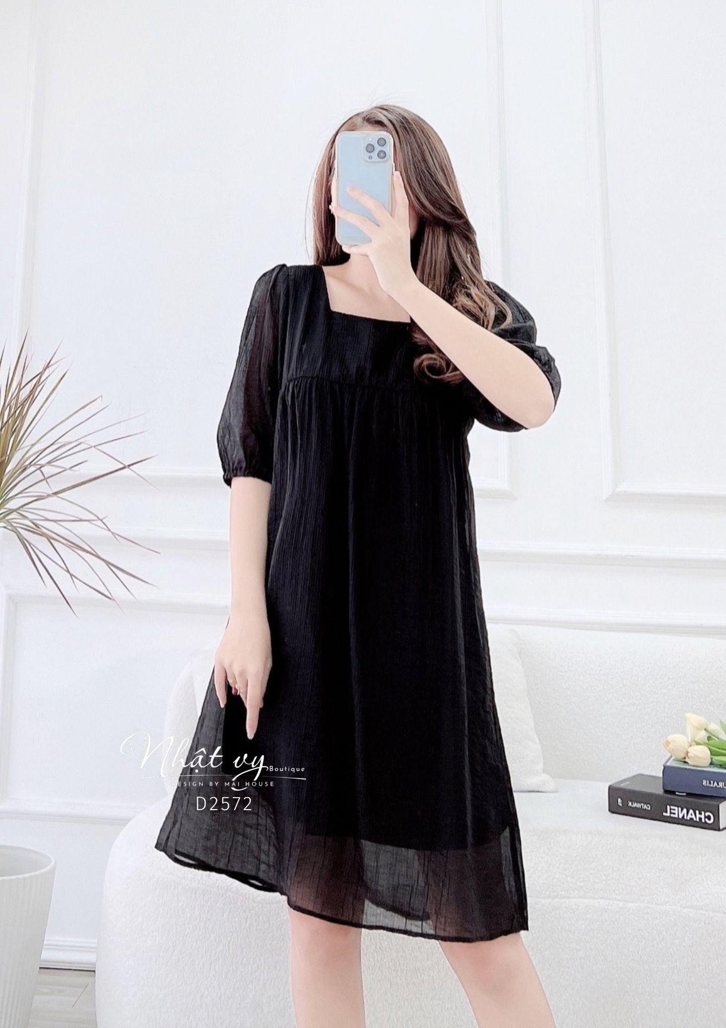 Đầm babydoll cổ vuông tay lửng bo thun - D2572