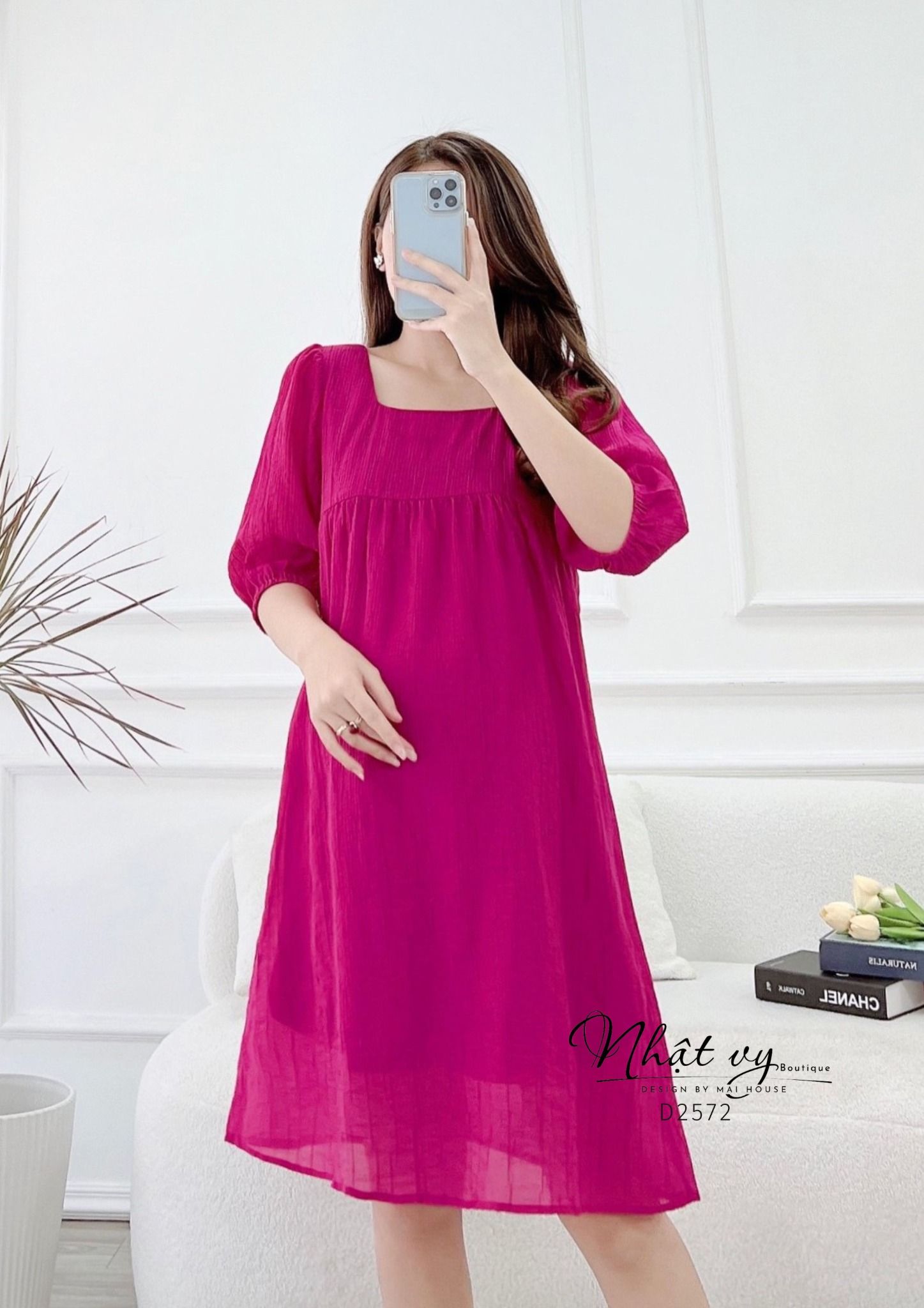  Đầm babydoll cổ vuông tay lửng bo thun - D2572 