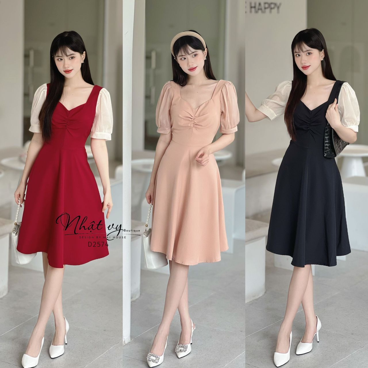 Đầm nhún ngực dáng xòe cổ cách điệu phối tay voan - D2574