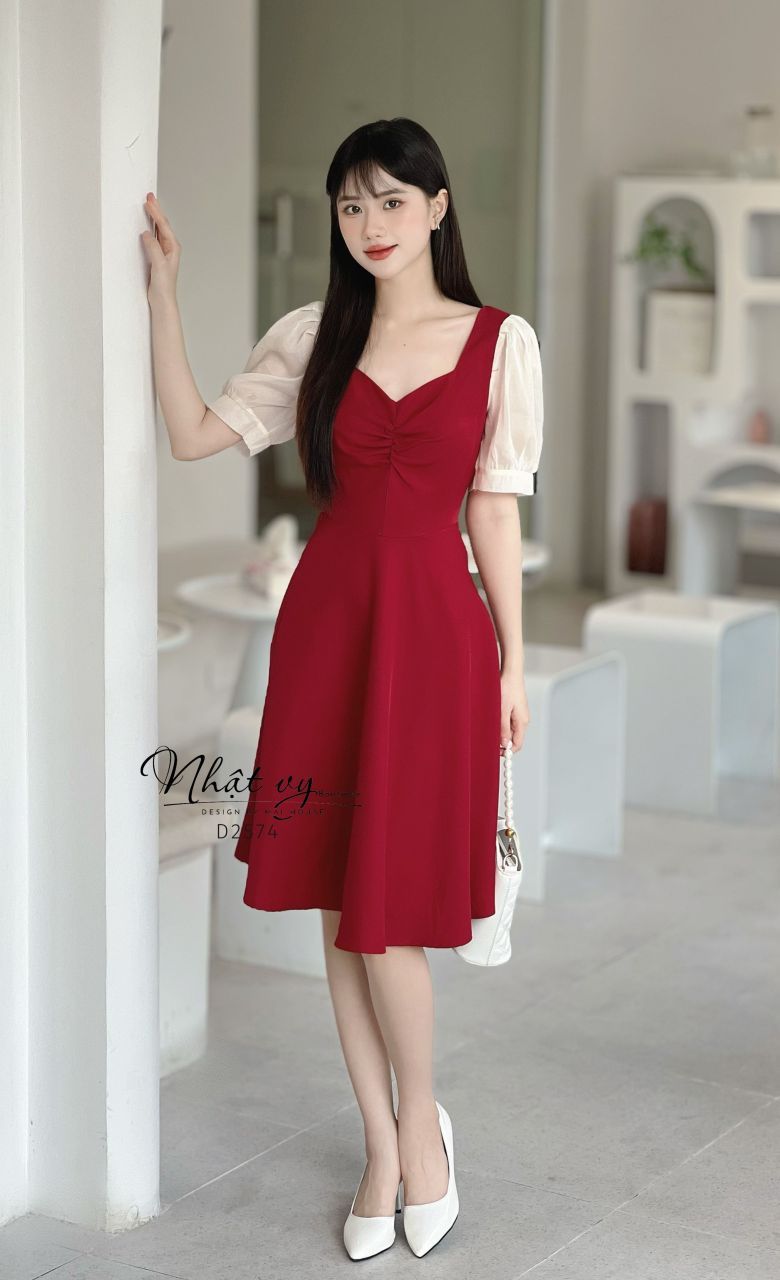 Đầm nhún ngực dáng xòe cổ cách điệu phối tay voan - D2574