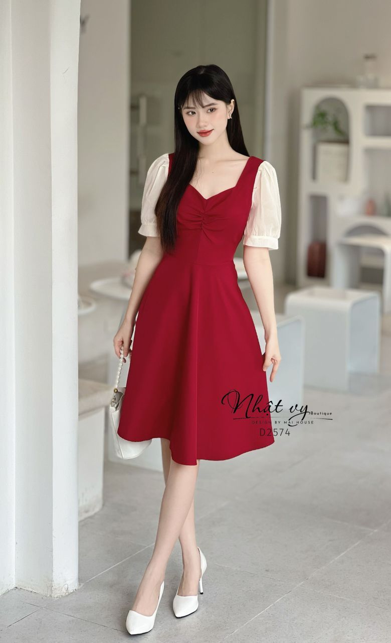 Đầm nhún ngực dáng xòe cổ cách điệu phối tay voan - D2574