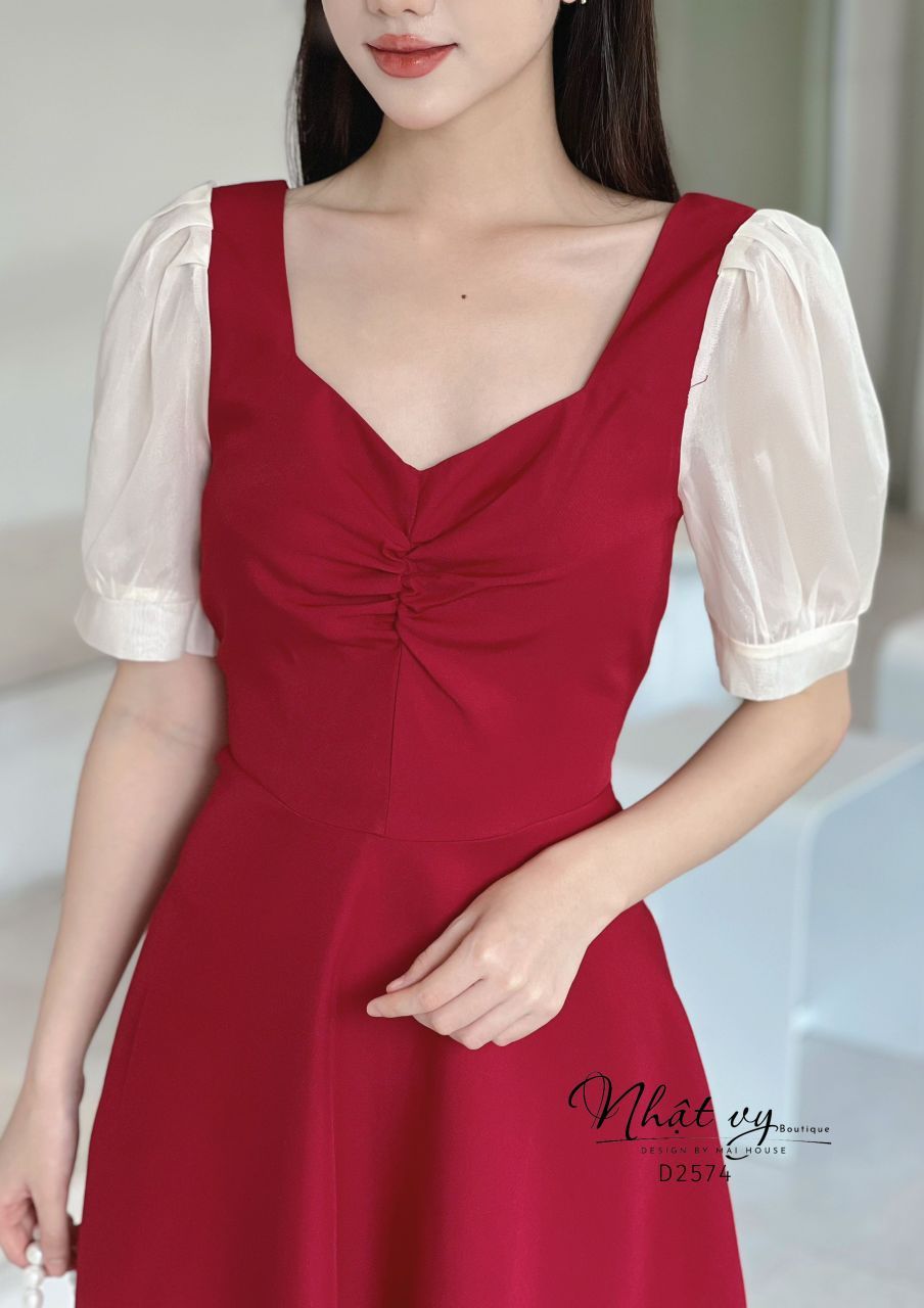 Đầm nhún ngực dáng xòe cổ cách điệu phối tay voan - D2574