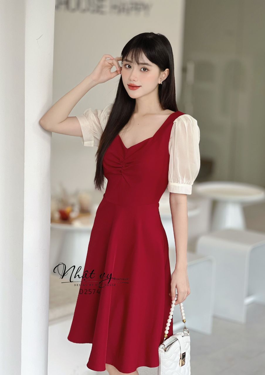 Đầm nhún ngực dáng xòe cổ cách điệu phối tay voan - D2574