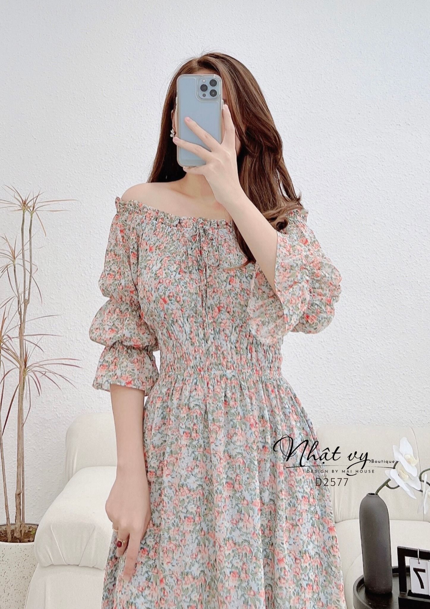 Đầm hoa trễ vai tay lửng nhún ngực bo thun eo - D2577