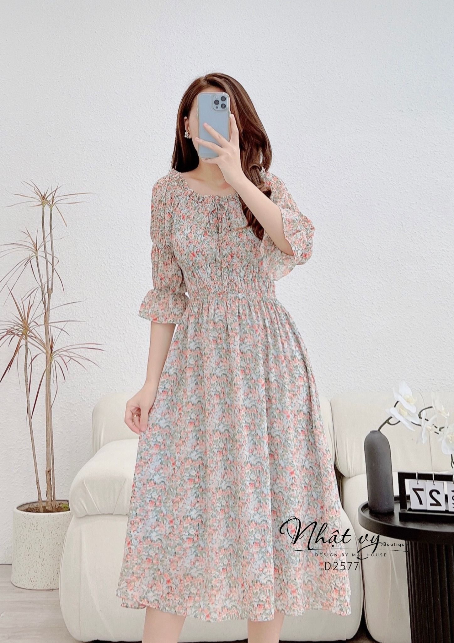 Đầm hoa trễ vai tay lửng nhún ngực bo thun eo - D2577